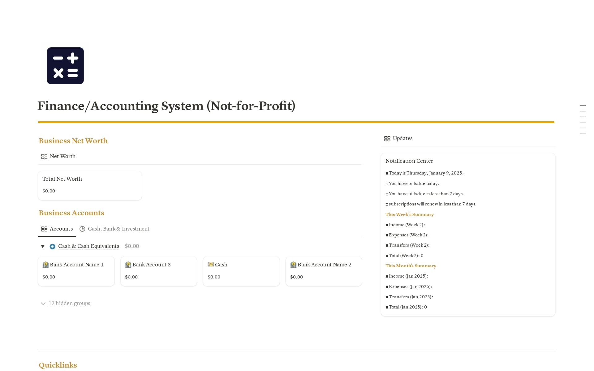 A template preview for Finance/Accounting System (Not-for-Profit)