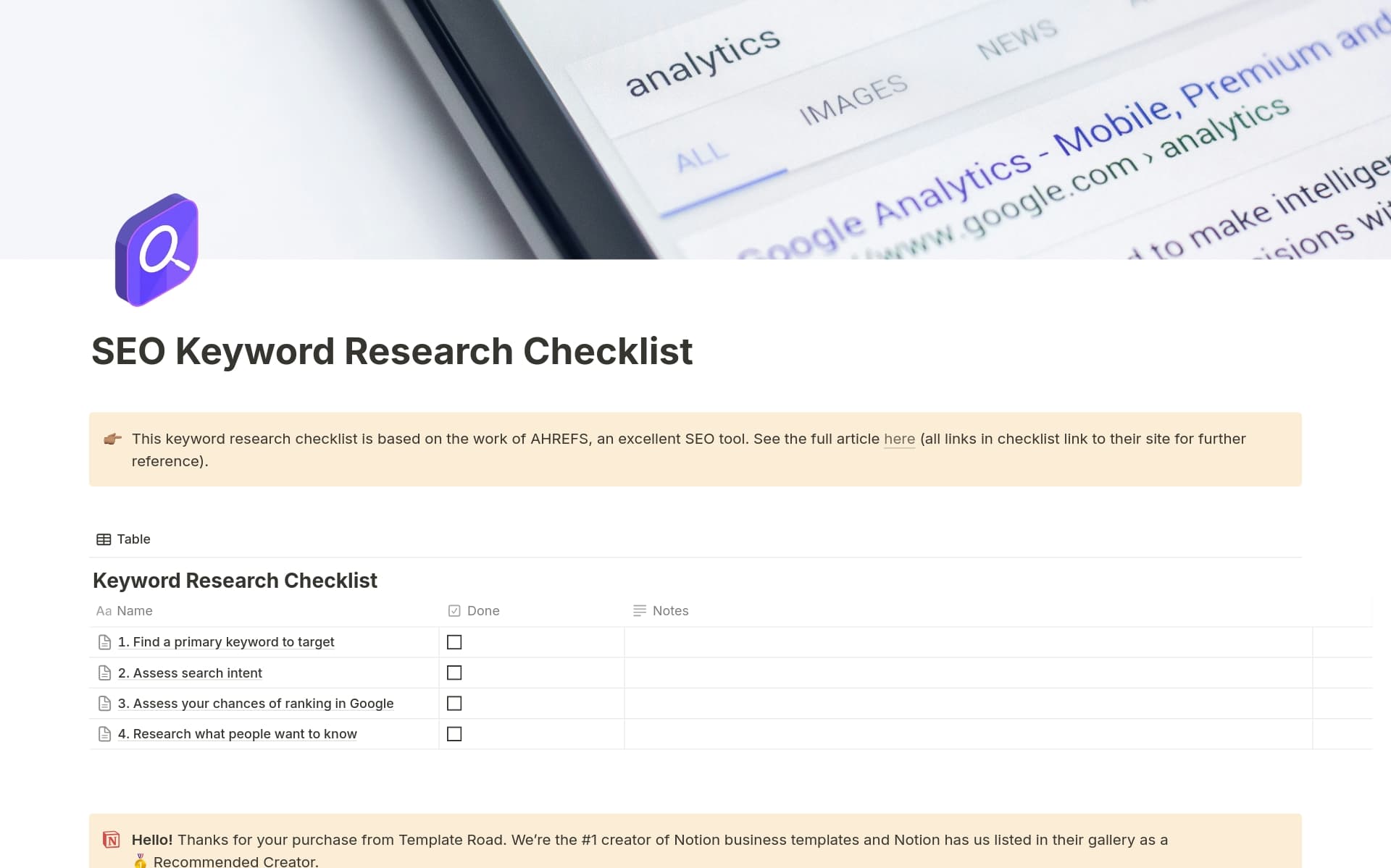 A template preview for SEO Keyword Research Checklist
