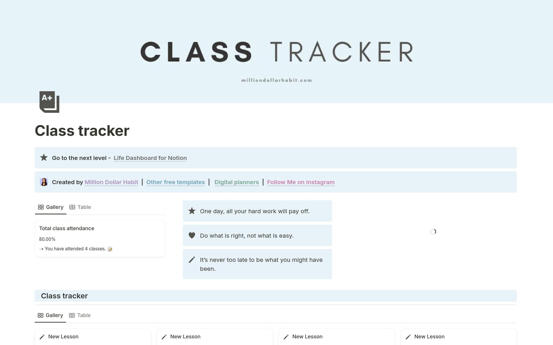 A template preview for Class Tracker