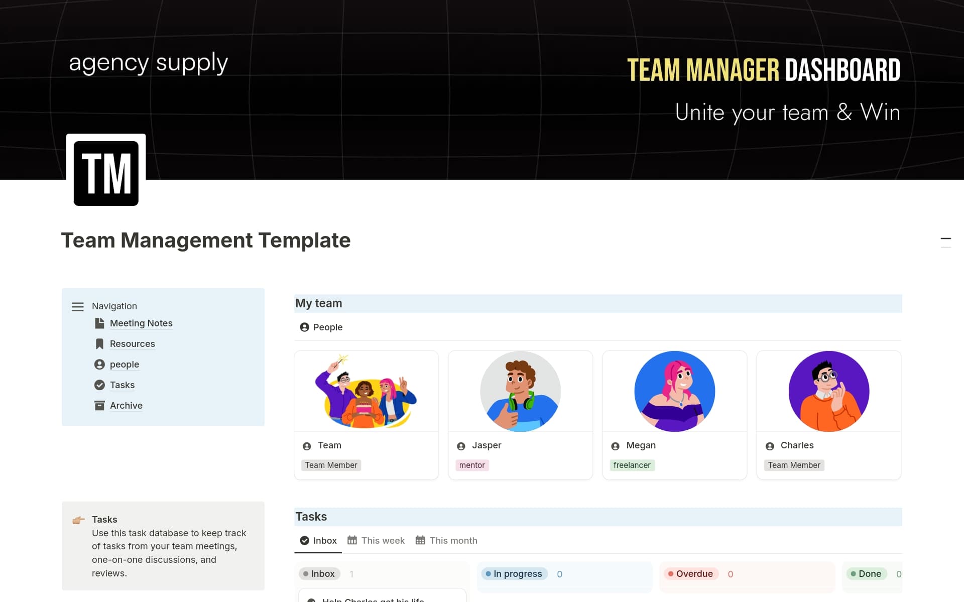 A template preview for Team Management Dashboard