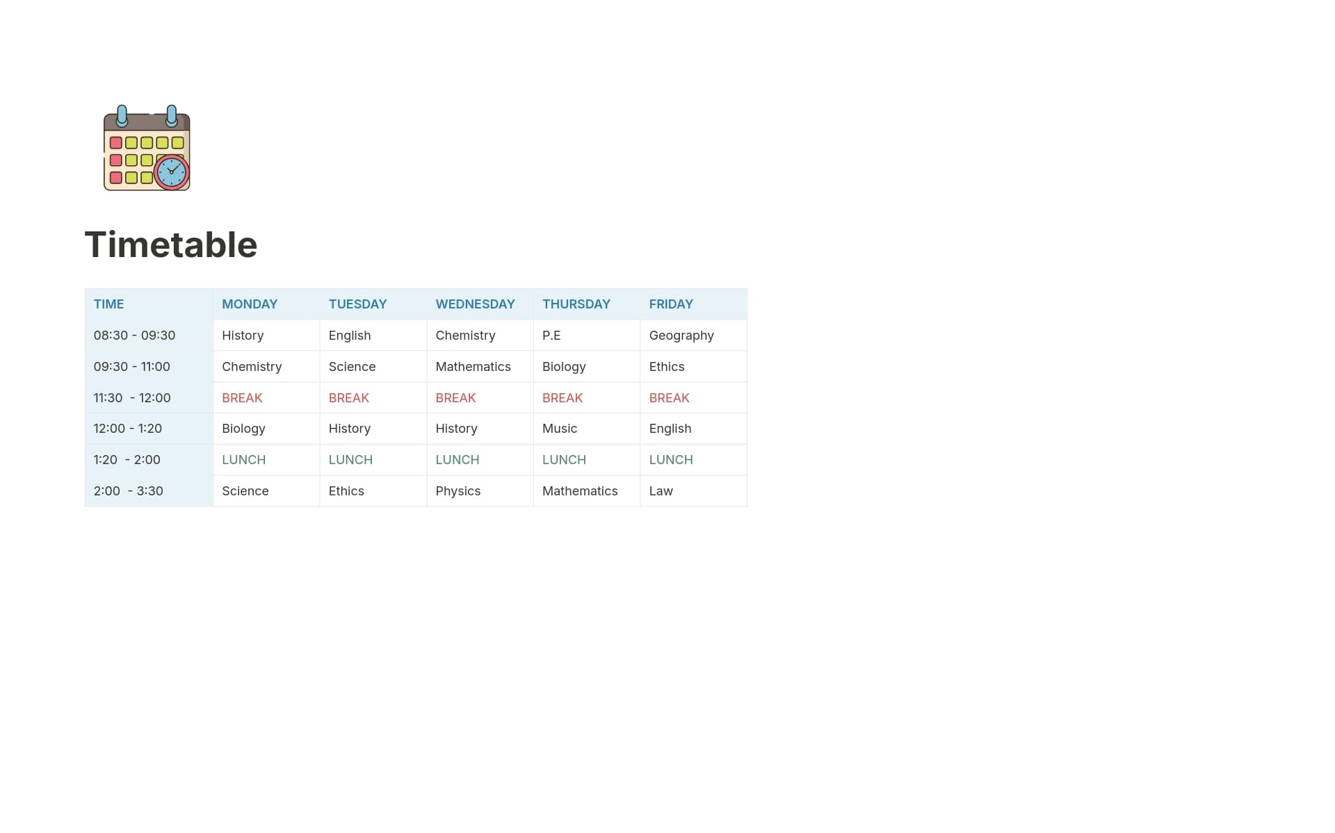 A template preview for Timetable