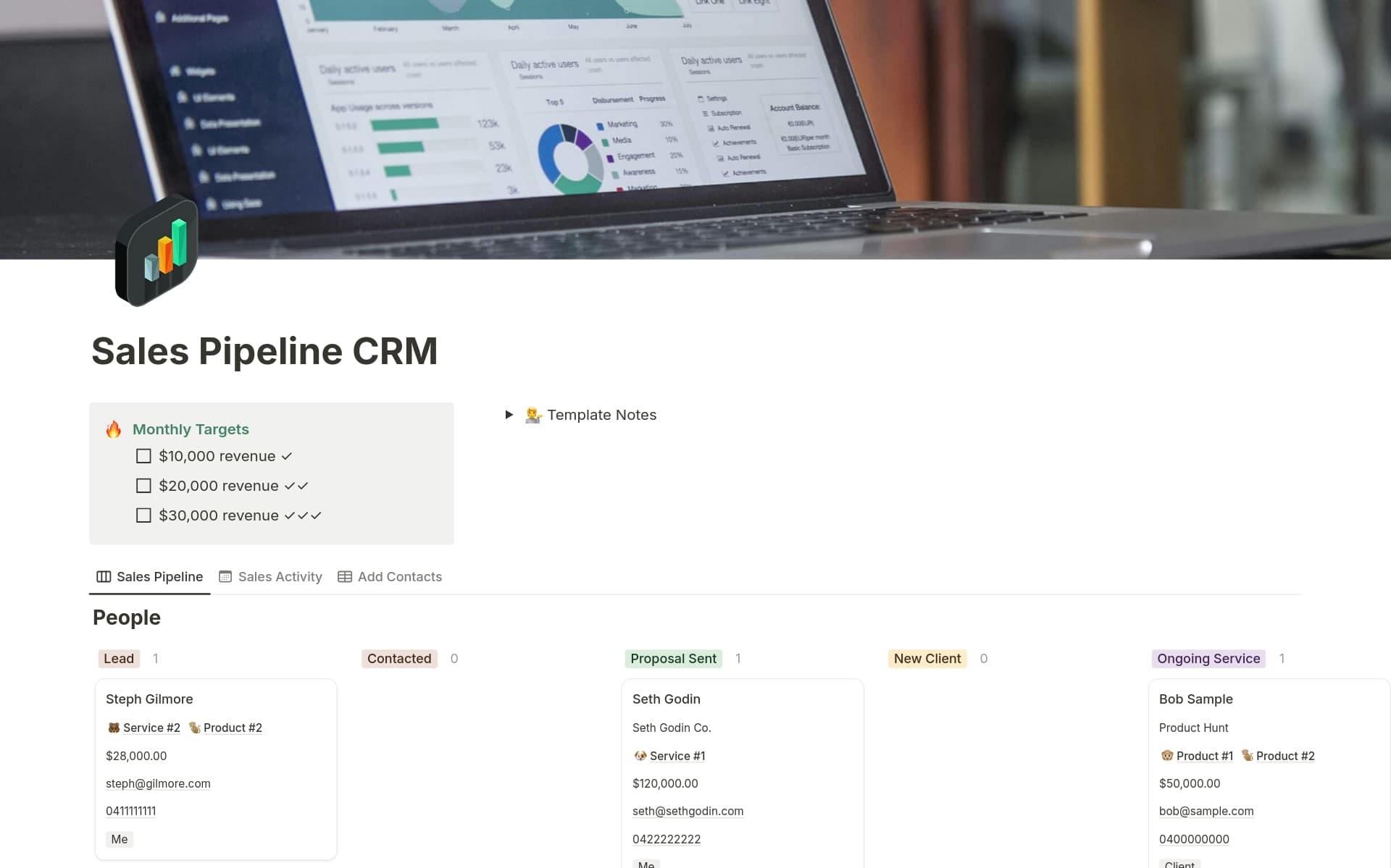 A template preview for Sales Pipeline CRM