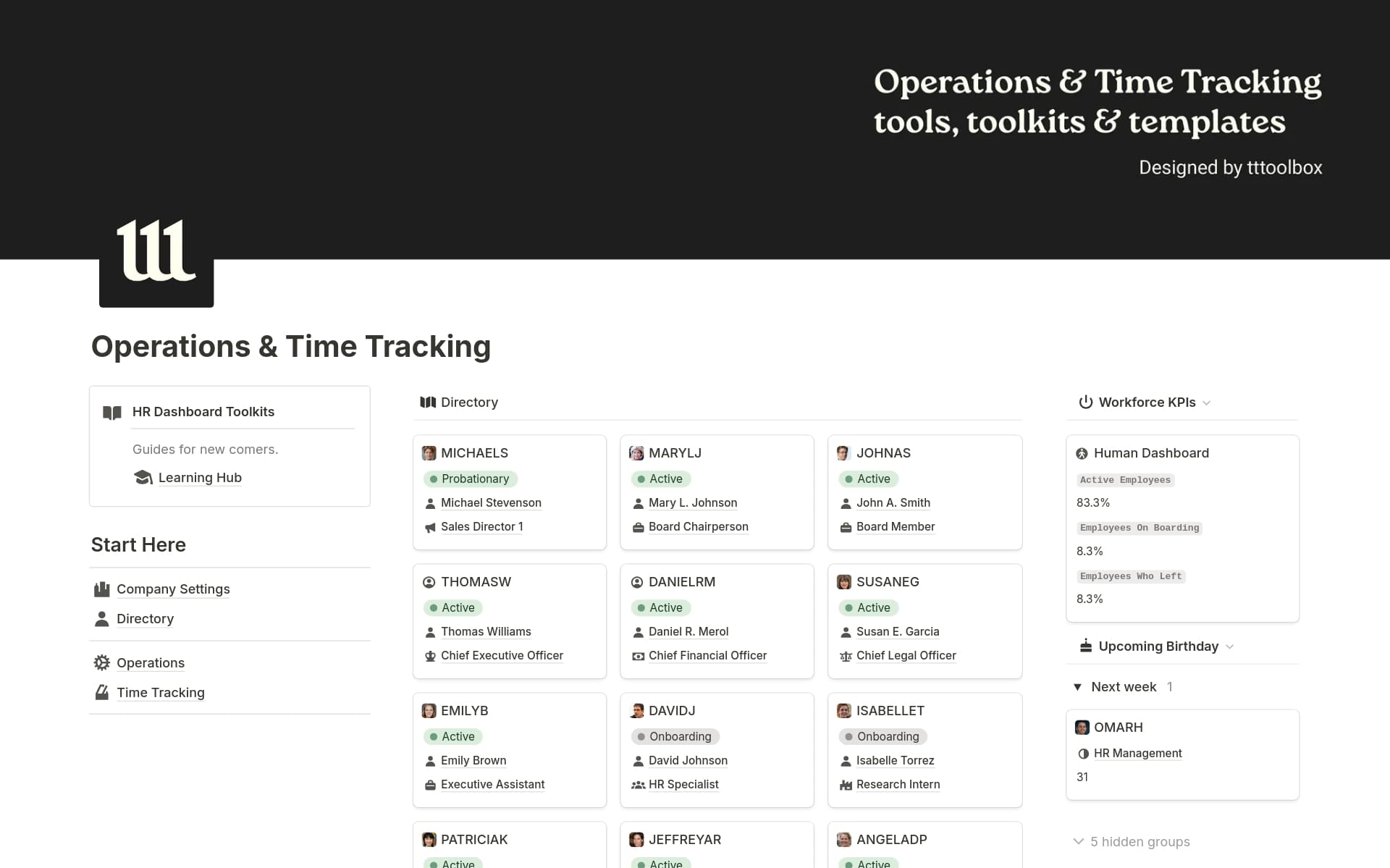 A template preview for Operations & Time Tracking