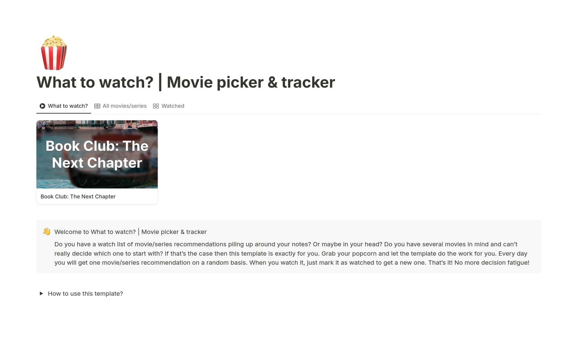 A template preview for What to watch? | Movie Picker & tracker 🍿