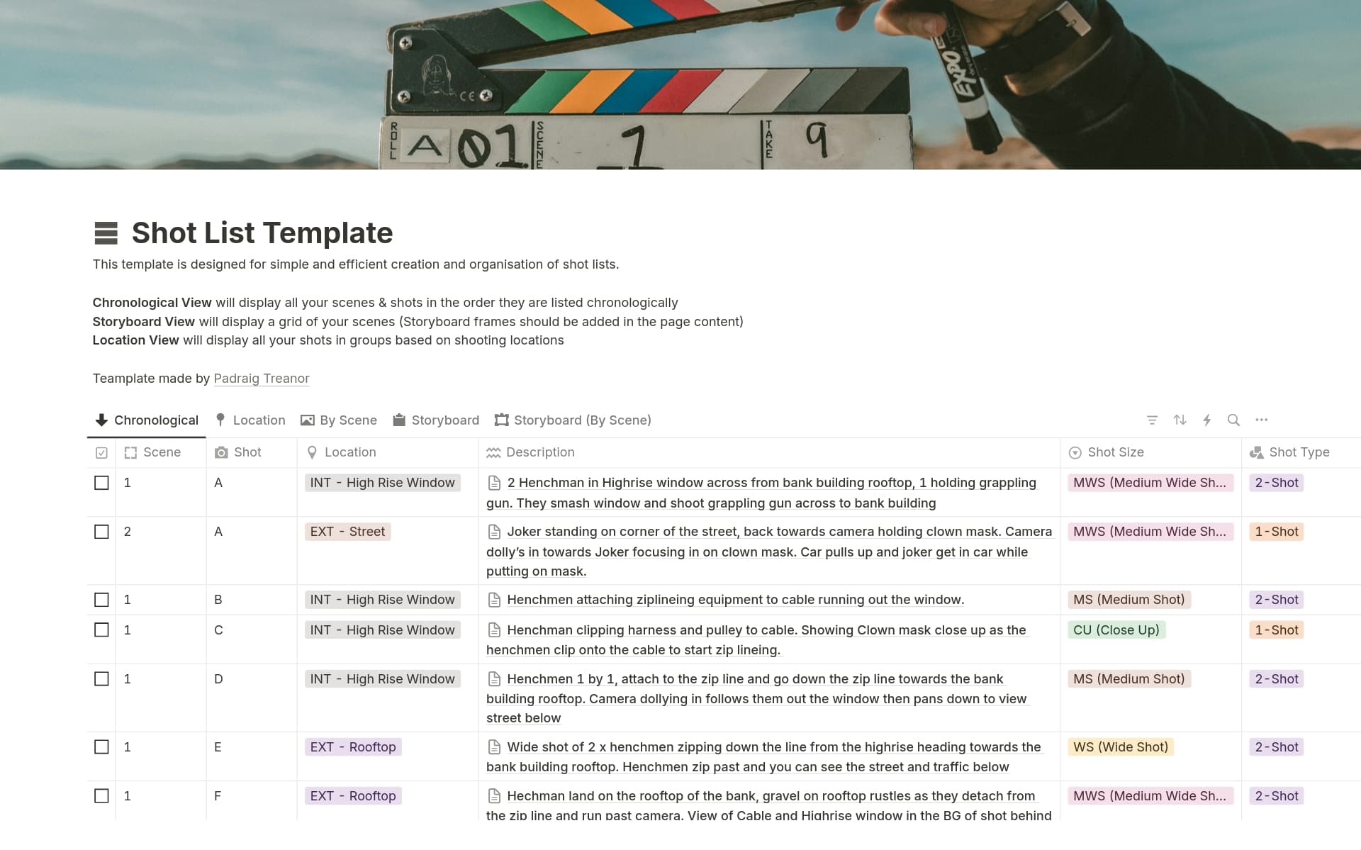 This template is designed for simple and efficient creation and organisation of shot lists for Film, TV and Content Creation.