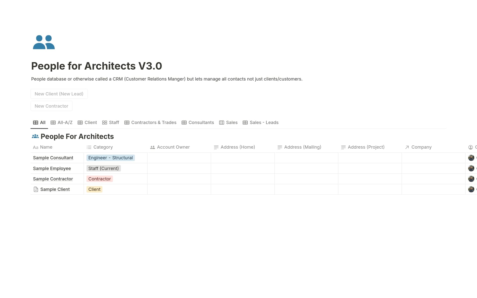 The People Database CRM for Notion helps architects, designers, and AEC consultants manage contacts and stay organized. Track leads, project values, notes, client preferences, and verbal quotes. It's fully customizable and integrates easily with other tools. Includes our Business