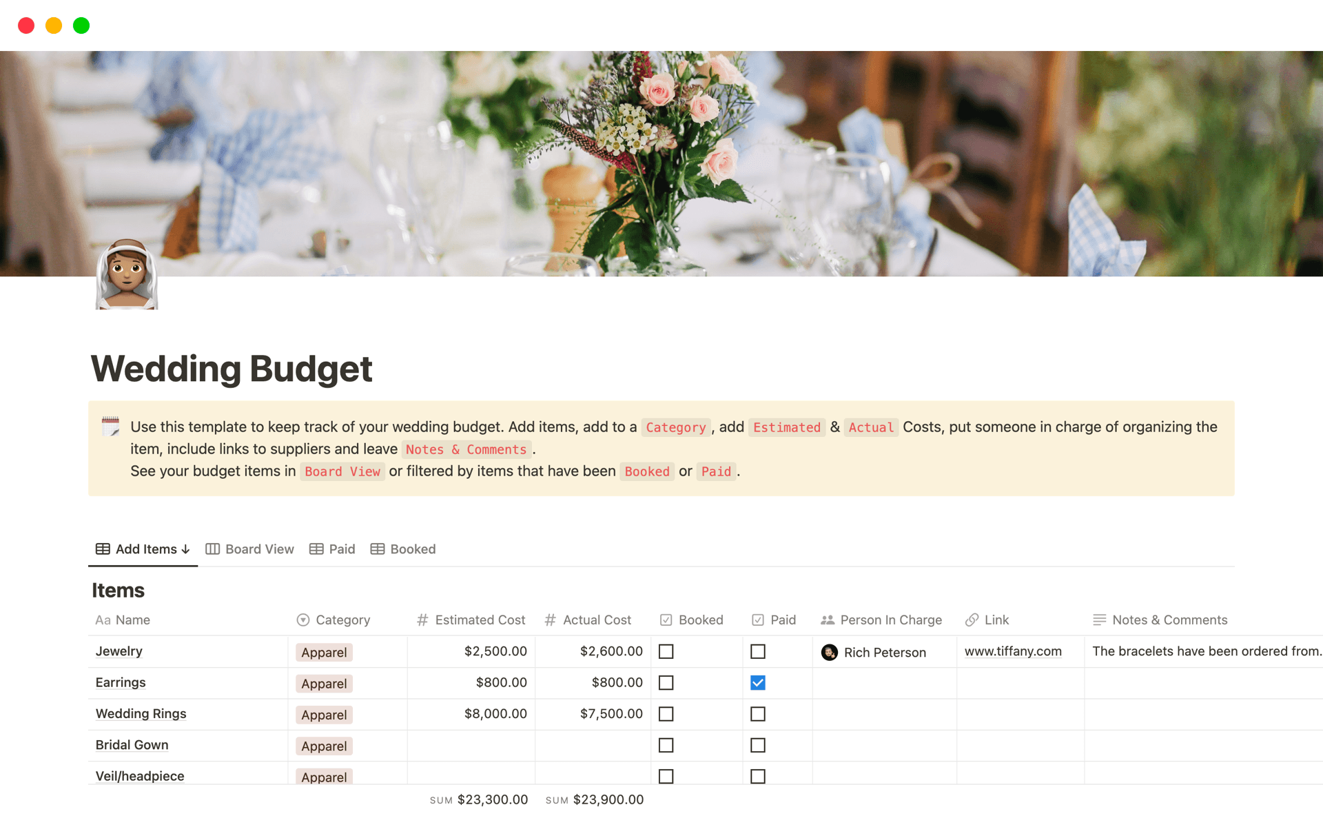 Easily manage your wedding budget with this template. Track estimated and actual costs, assign organizers, link to suppliers, and add notes. View items in Board View or filter by status such as Booked or Paid. Perfect for keeping your special day on track financially.