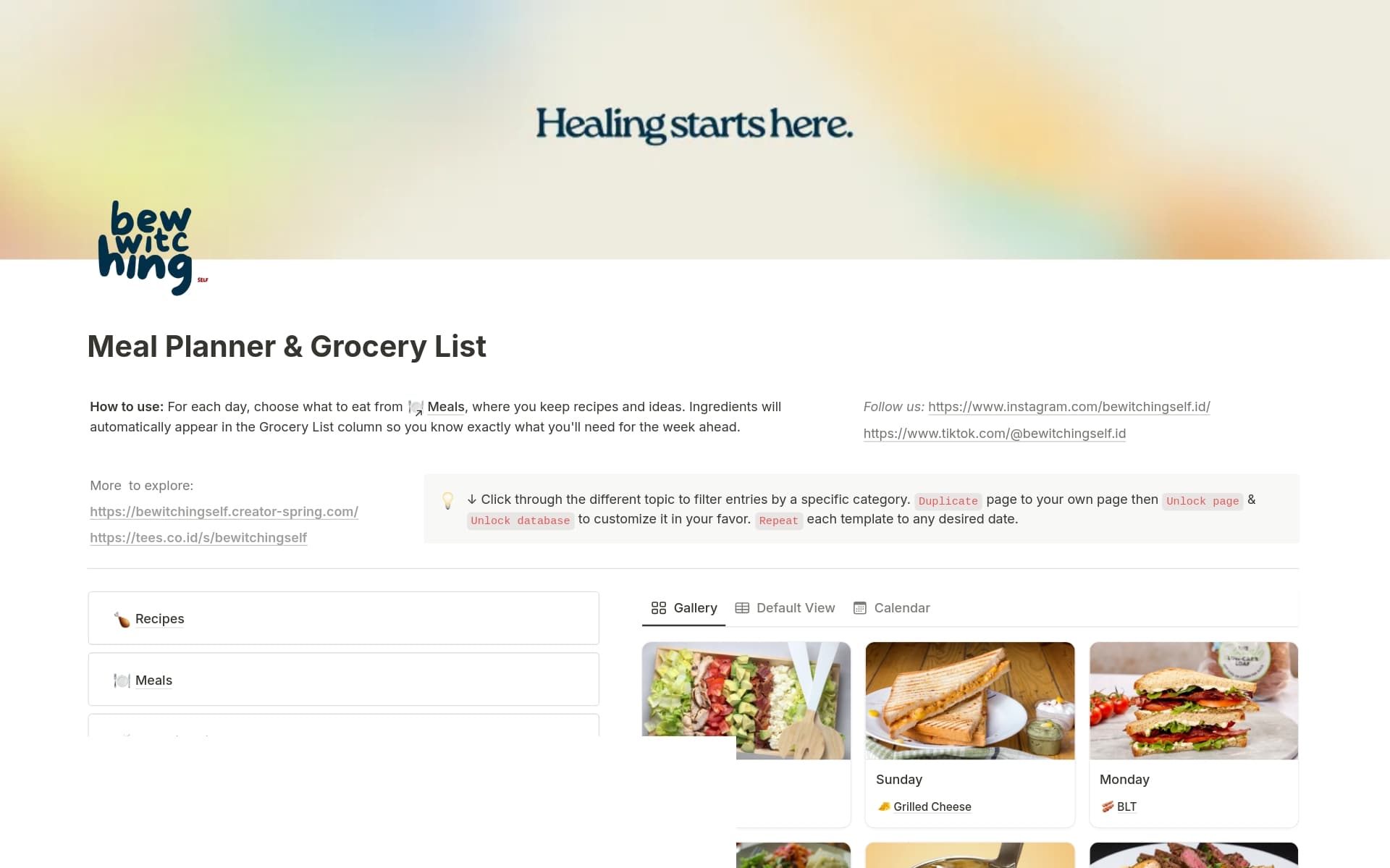 A template preview for Meal Planner, Grocery List & Recipes