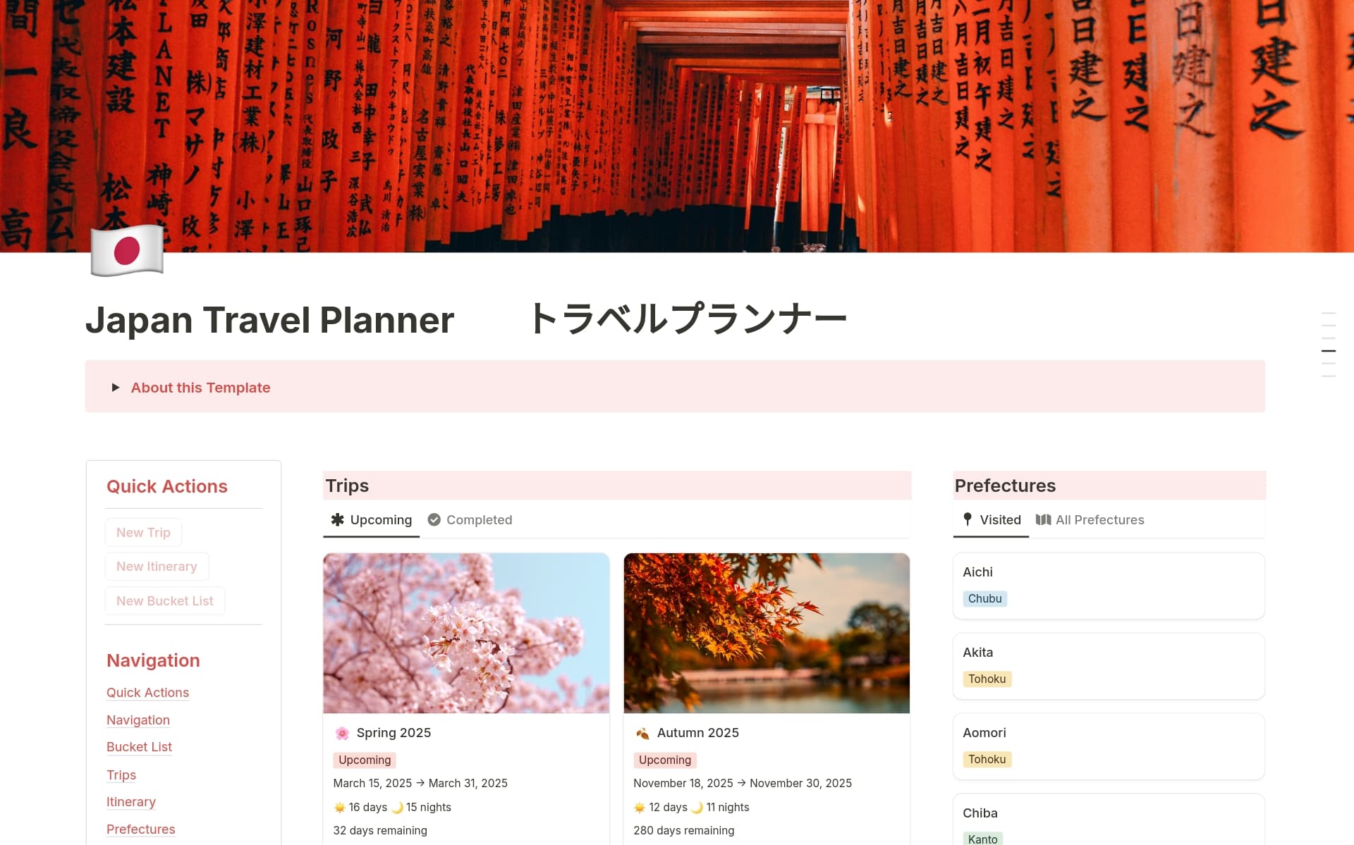 A template preview for Japan Travel Planner