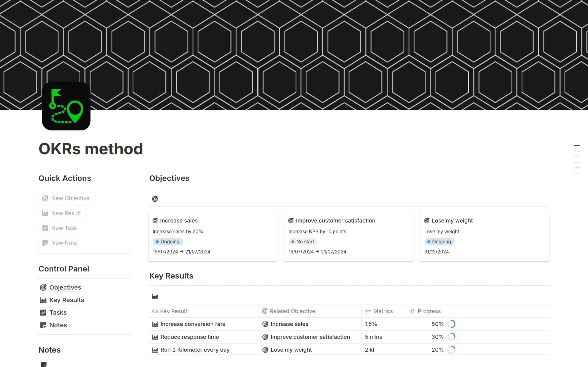 A template preview for OKRs method