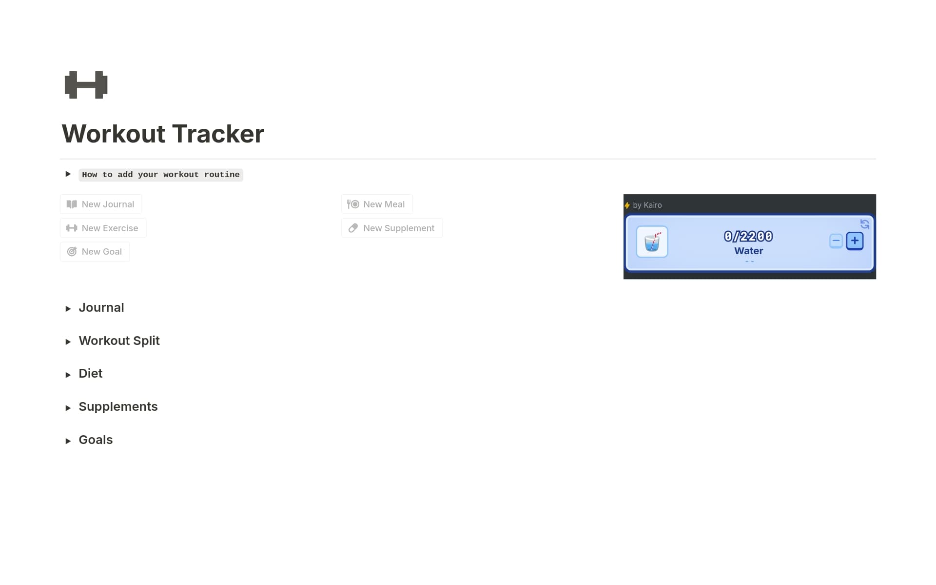 A template preview for Workout Tracker