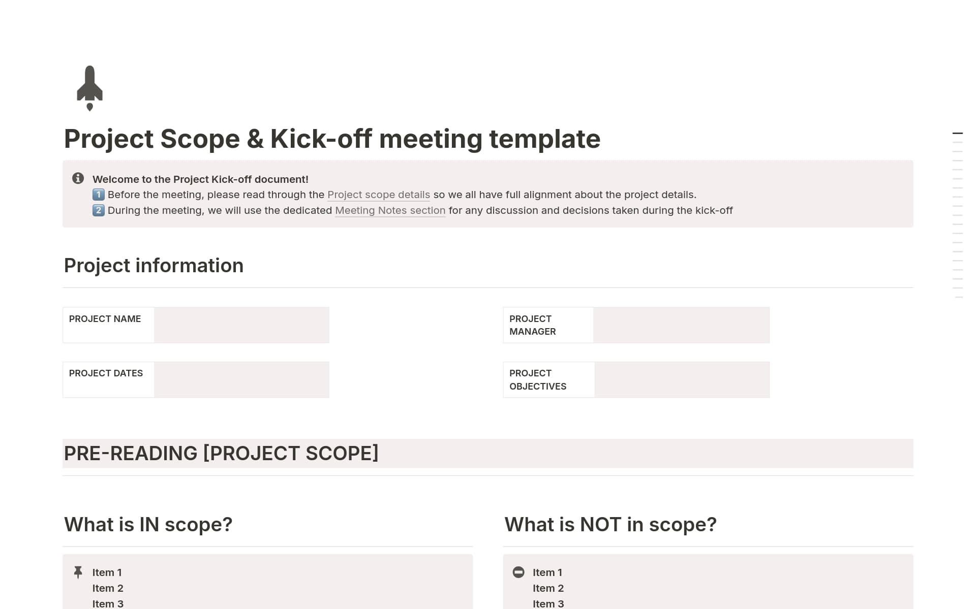 A template preview for Project Scope & Kickoff Meeting