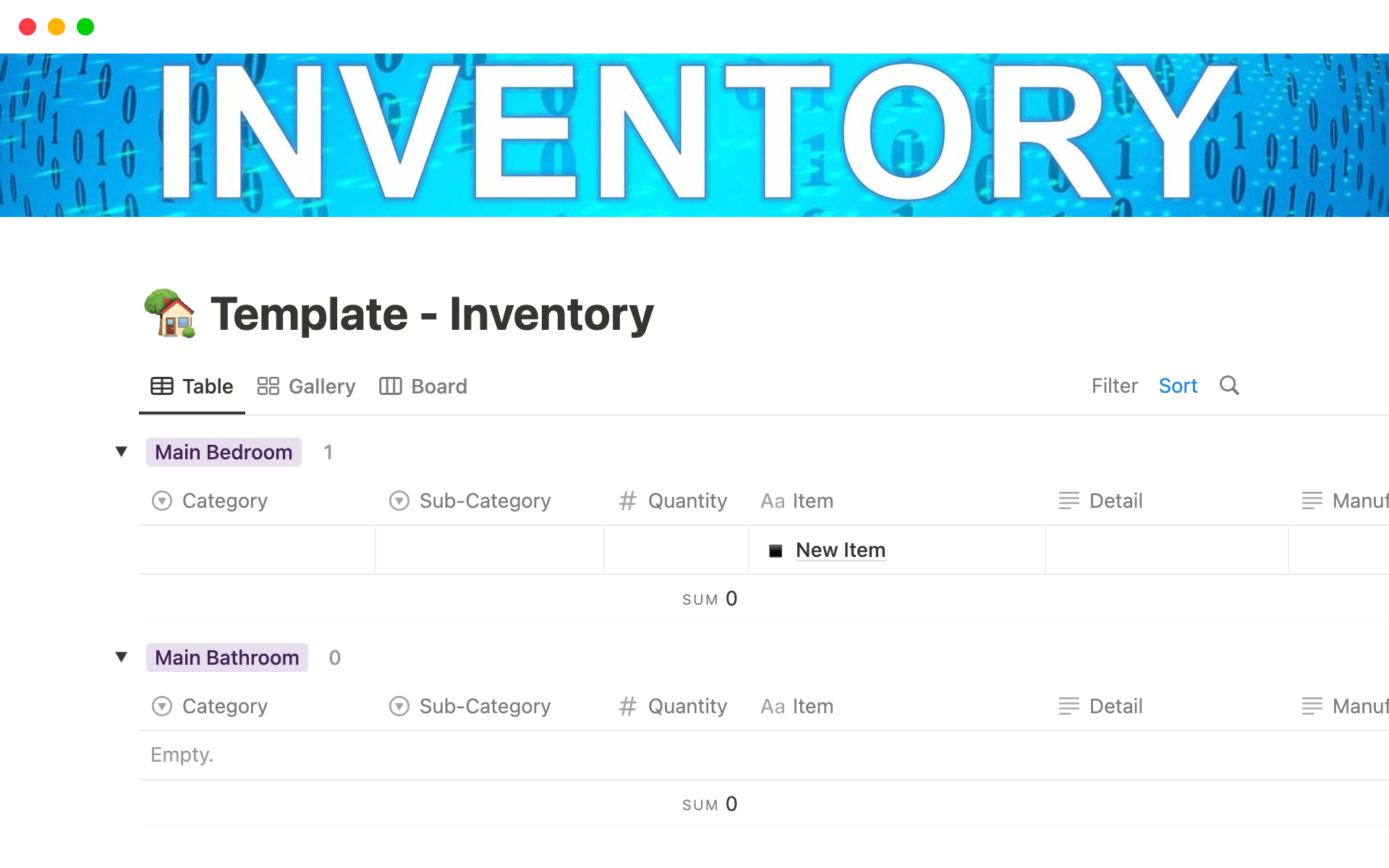 A template preview for Household Inventory