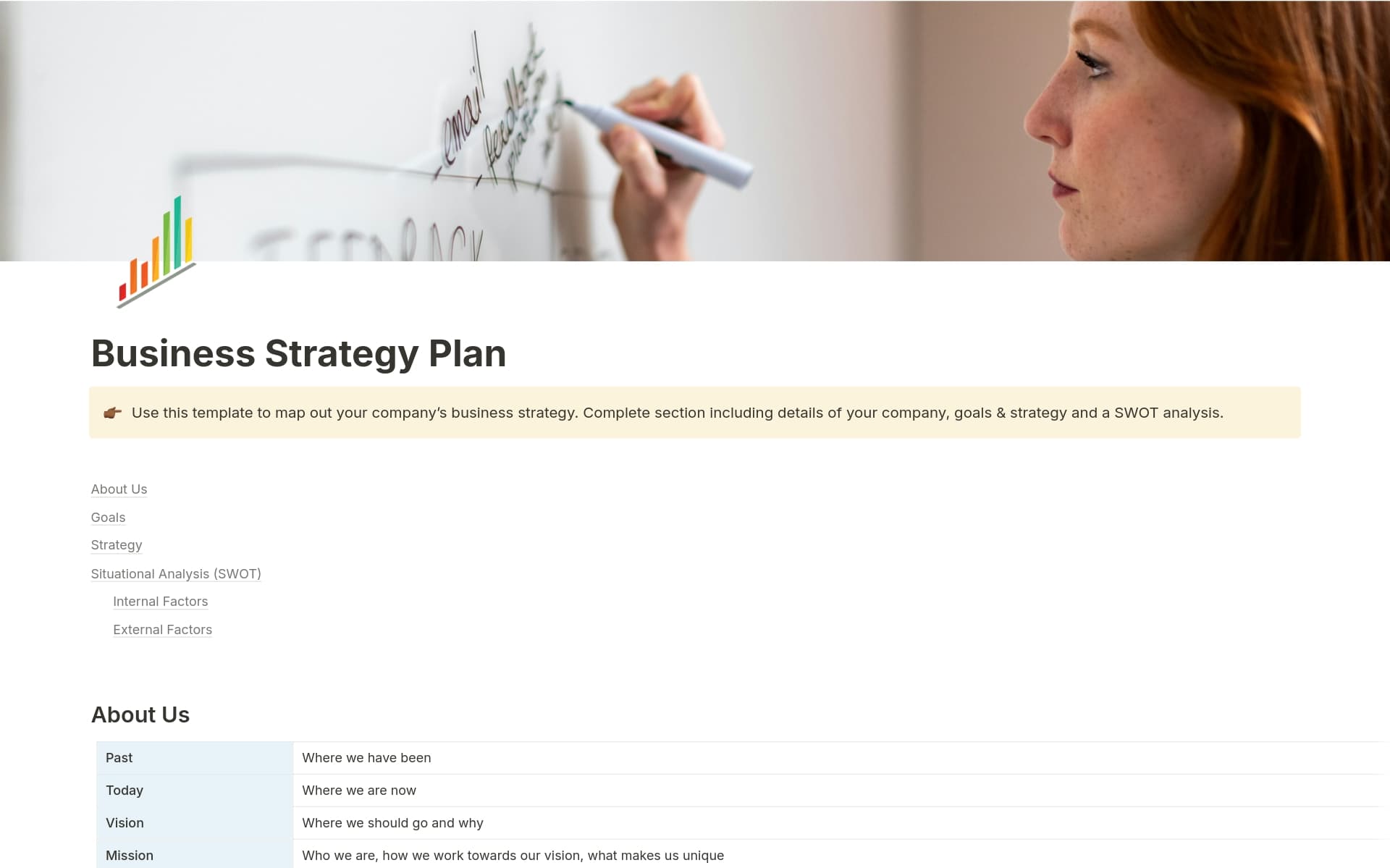 Focus on key initiatives and connect them to your company’s mission with this strategic planning template. Outline tasks, prioritize effectively, and align team efforts with overarching business goals to build momentum and secure buy-in.
