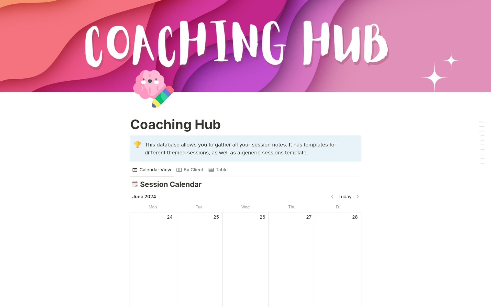 This Notion Template provides a crucial toolbox for coaches who offer executive, ADHD or life coaching!
✨ Save subscription fees on coaching platforms
✨ Track your clients & sessions
✨ Centralise & share client notes, goals, exercises
✨ Make it your own - it's fully customisable