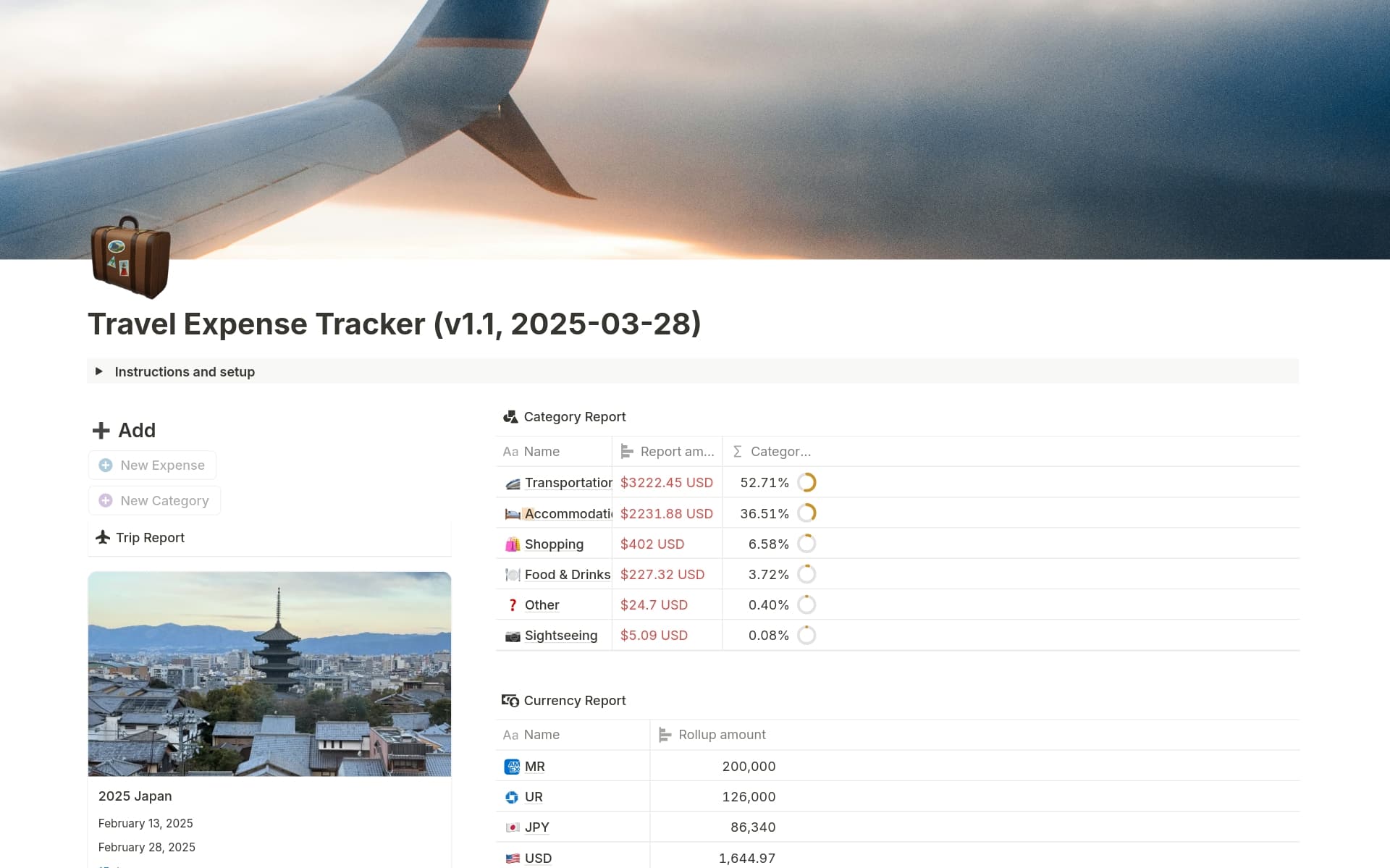 A template preview for Multi-currency travel expense tracker