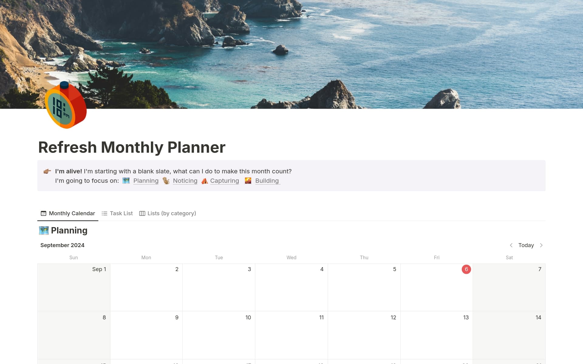 A template preview for Refresh Monthly Planner