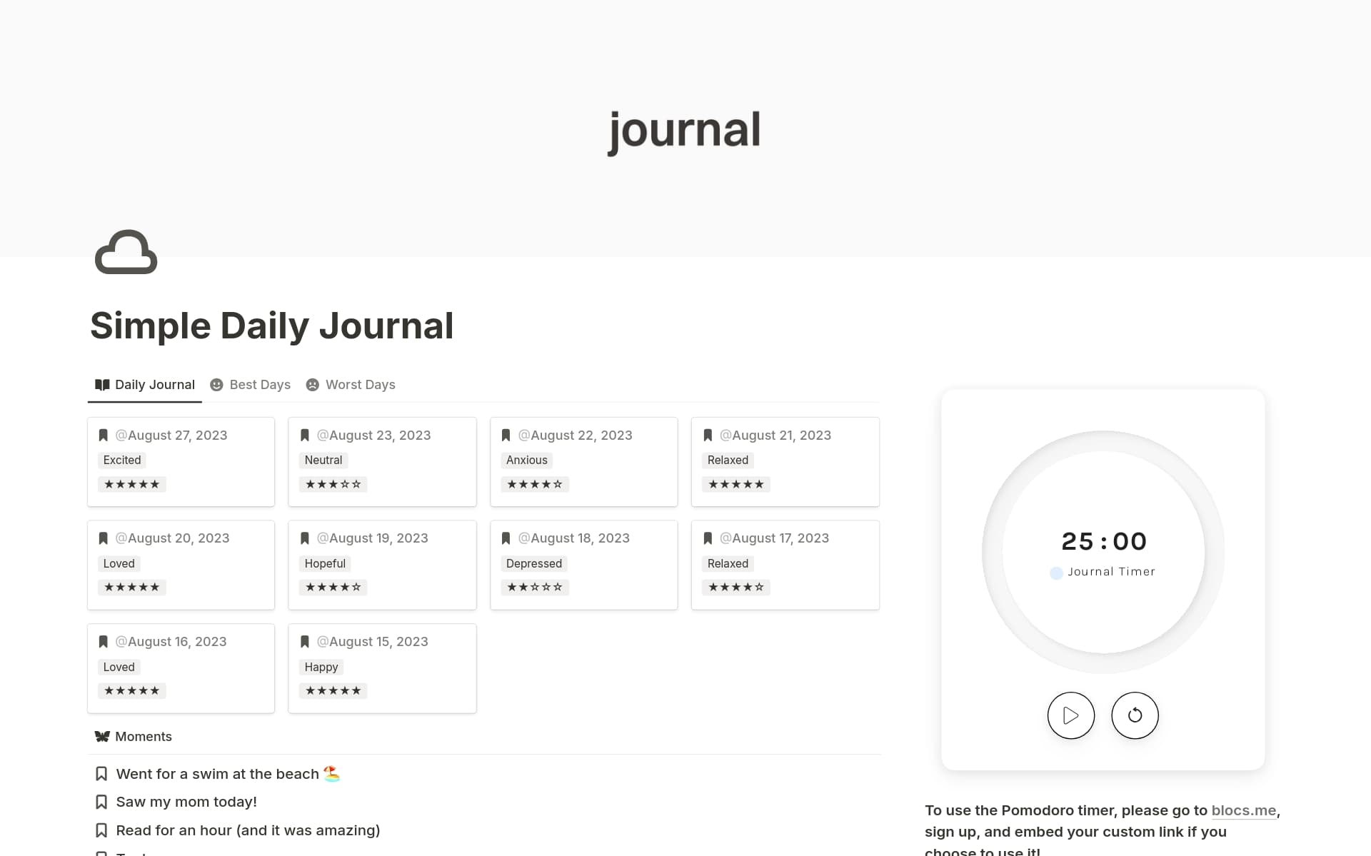 A template preview for Simple Daily Journal