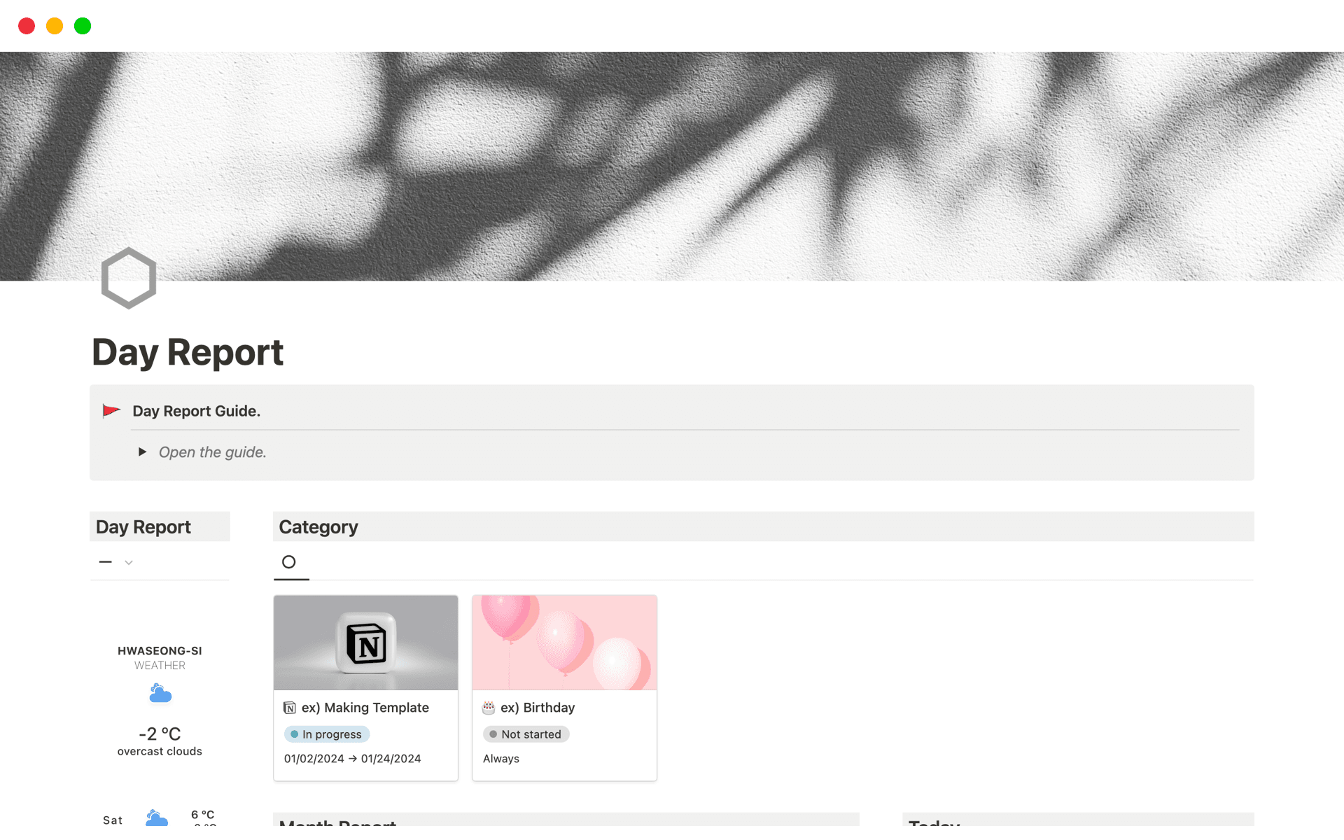 A template preview for Day Report