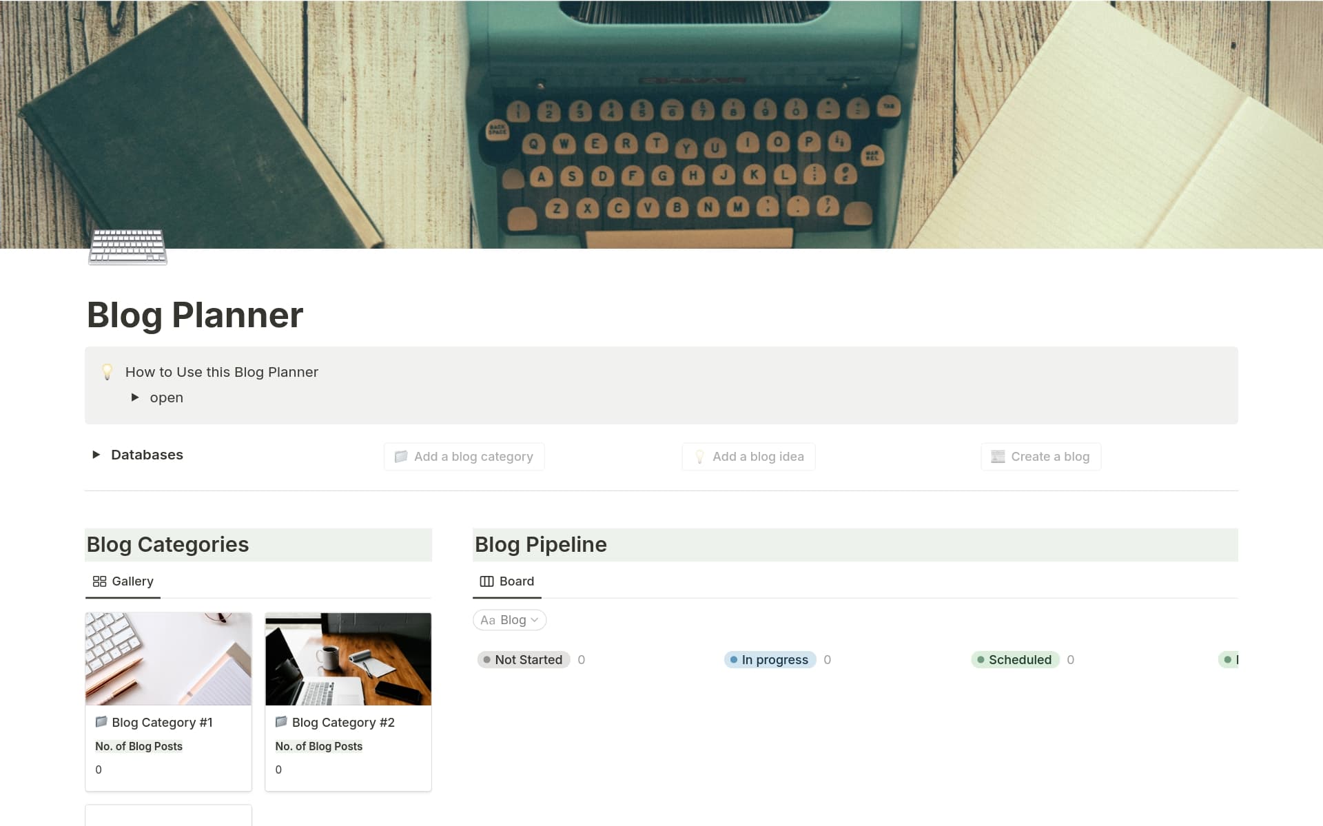 This template designed for Notion offers a Blog Planner with multiple views to track your blog planning + writing. Each Blog Planner Page comes with an automated page template to help you plan your blog outline and an SEO checklist.