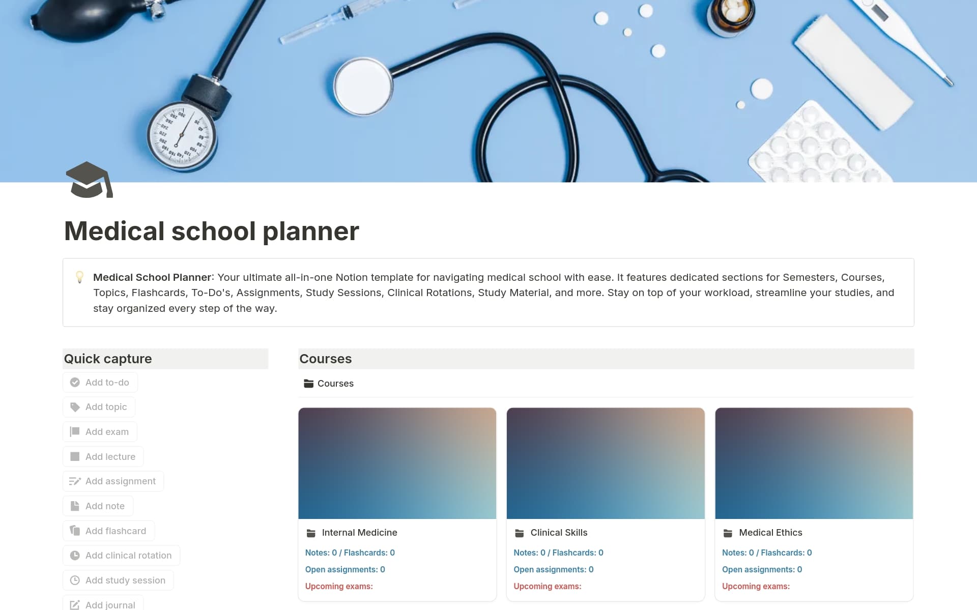 A template preview for Medical school planner