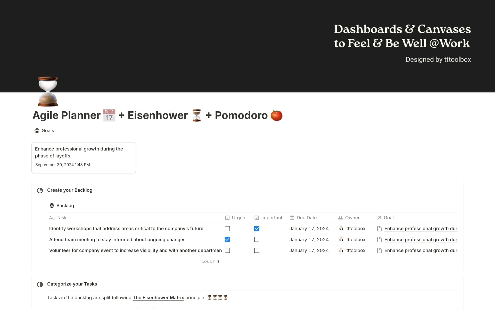 A template preview for 🆓 Agile Planner 📅 + Eisenhower ⏳ + Pomodoro 🍅