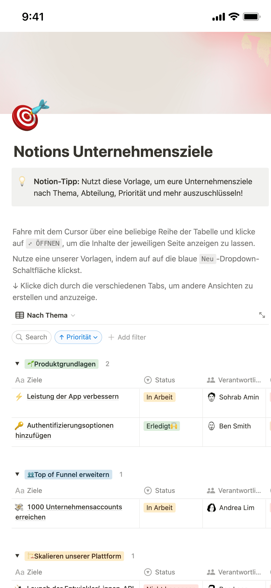 Screenshot der mobilen Notion-App
