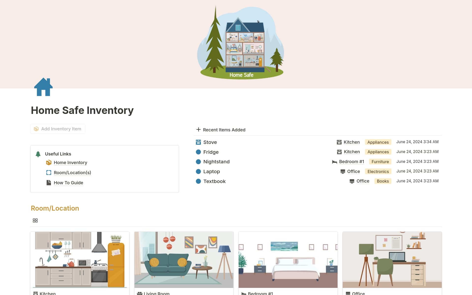 Home Safe Inventory Template: Document your home's items with ease! Track names, categories, brands, serial numbers, locations, purchase details, and attach photos and receipts. Quickly add and filter items by category and room. Stay organized and prepared effortlessly.