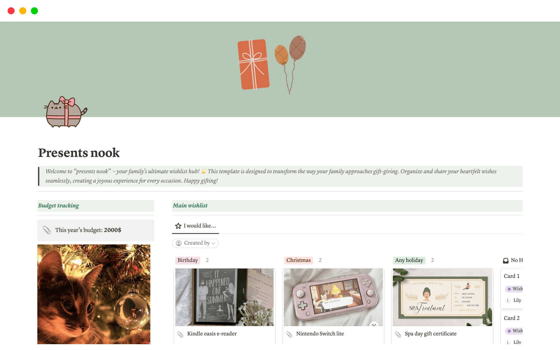 A template preview for Presents nook