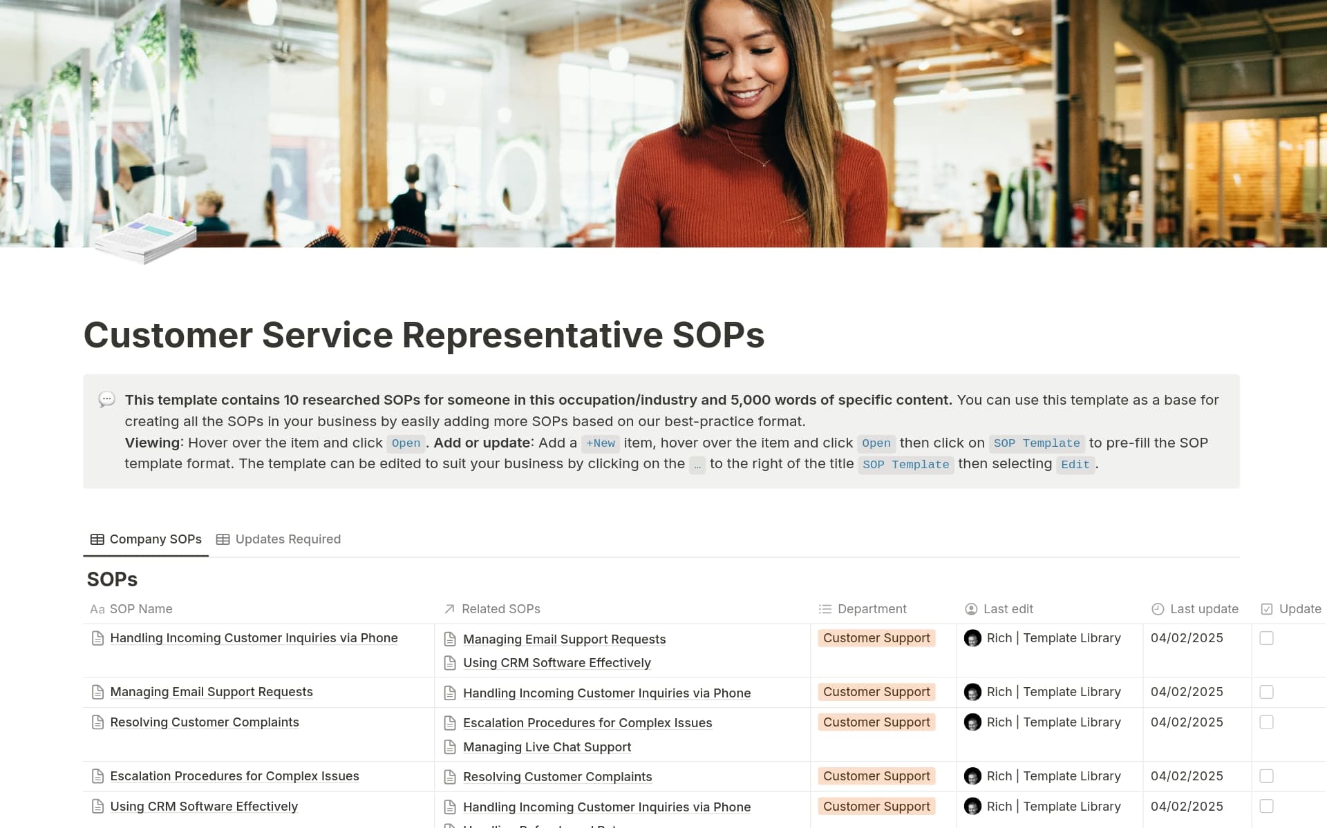 A template preview for Customer Service Representative SOPs