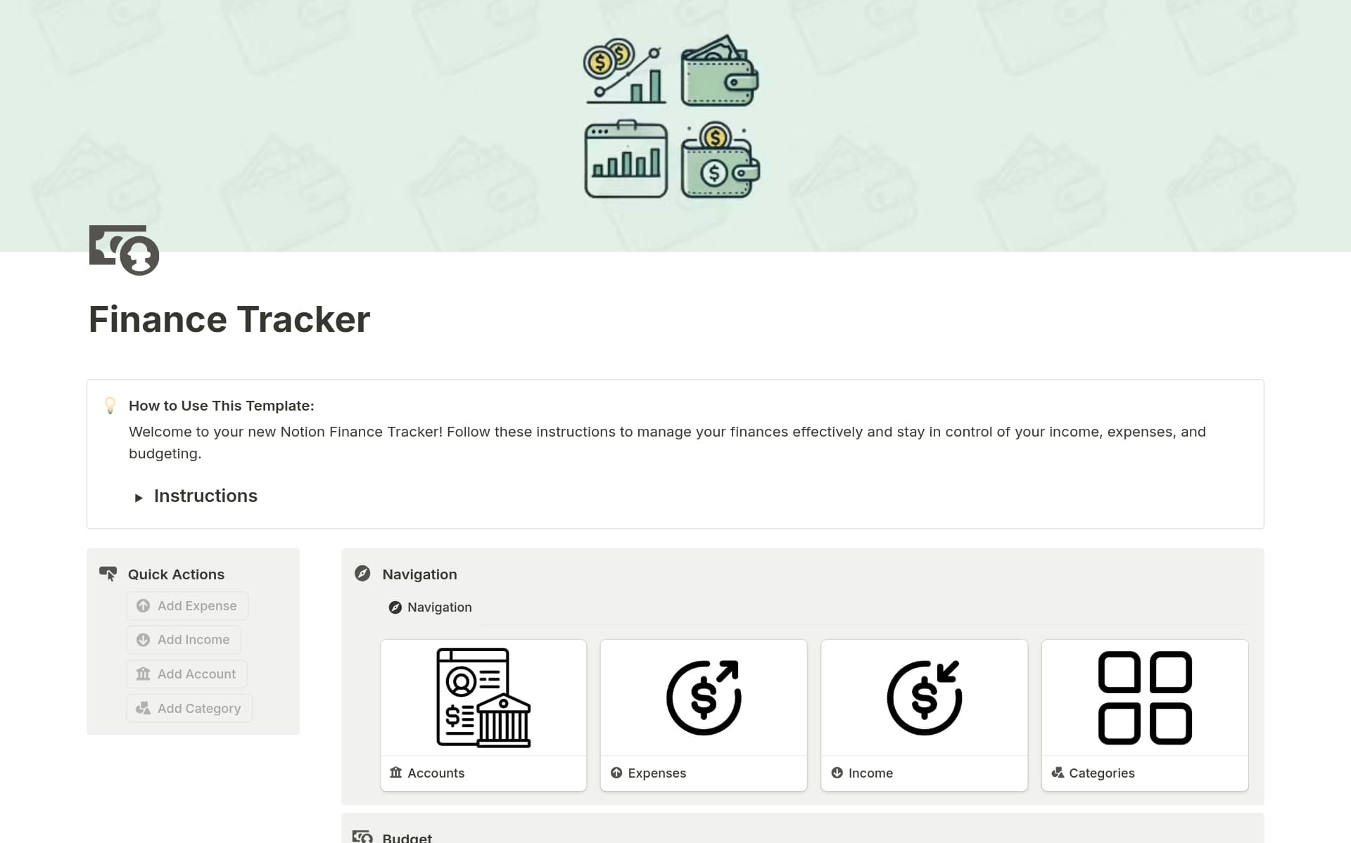 A template preview for Finance Tracker