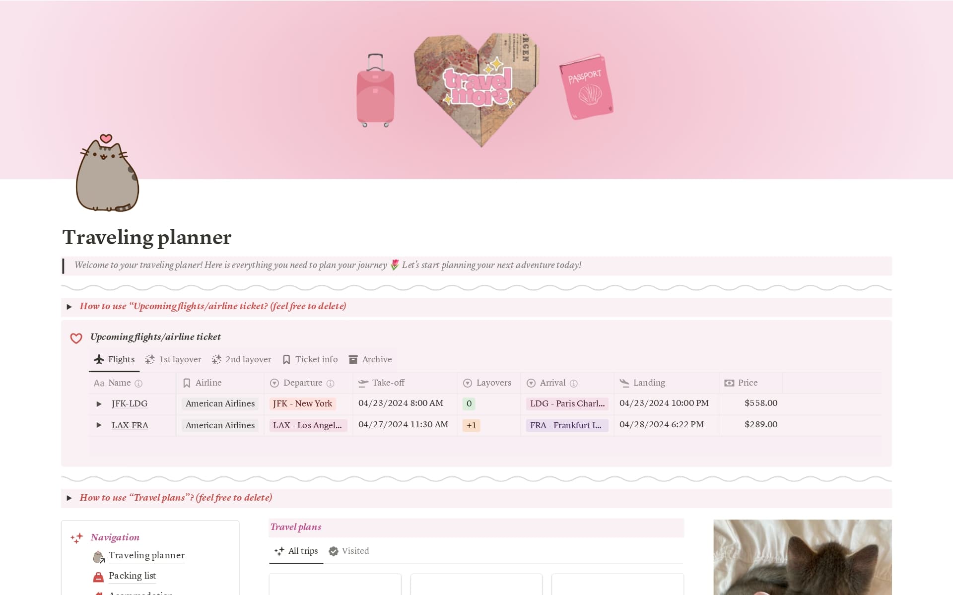 A template preview for Traveling planner