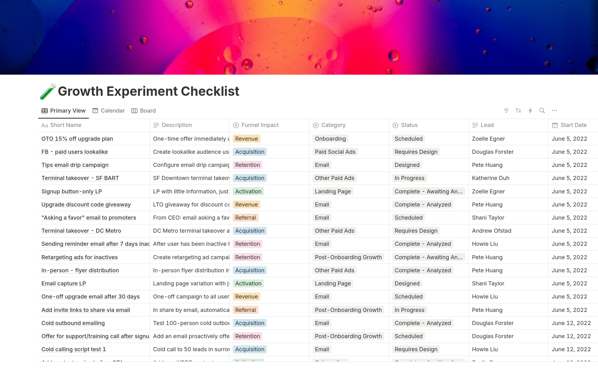 The Growth Experiment Checklist Template helps you run and track marketing experiments in your company. Test growth strategies, measure key metrics, and optimize results to boost brand awareness, customer loyalty, and engagement.