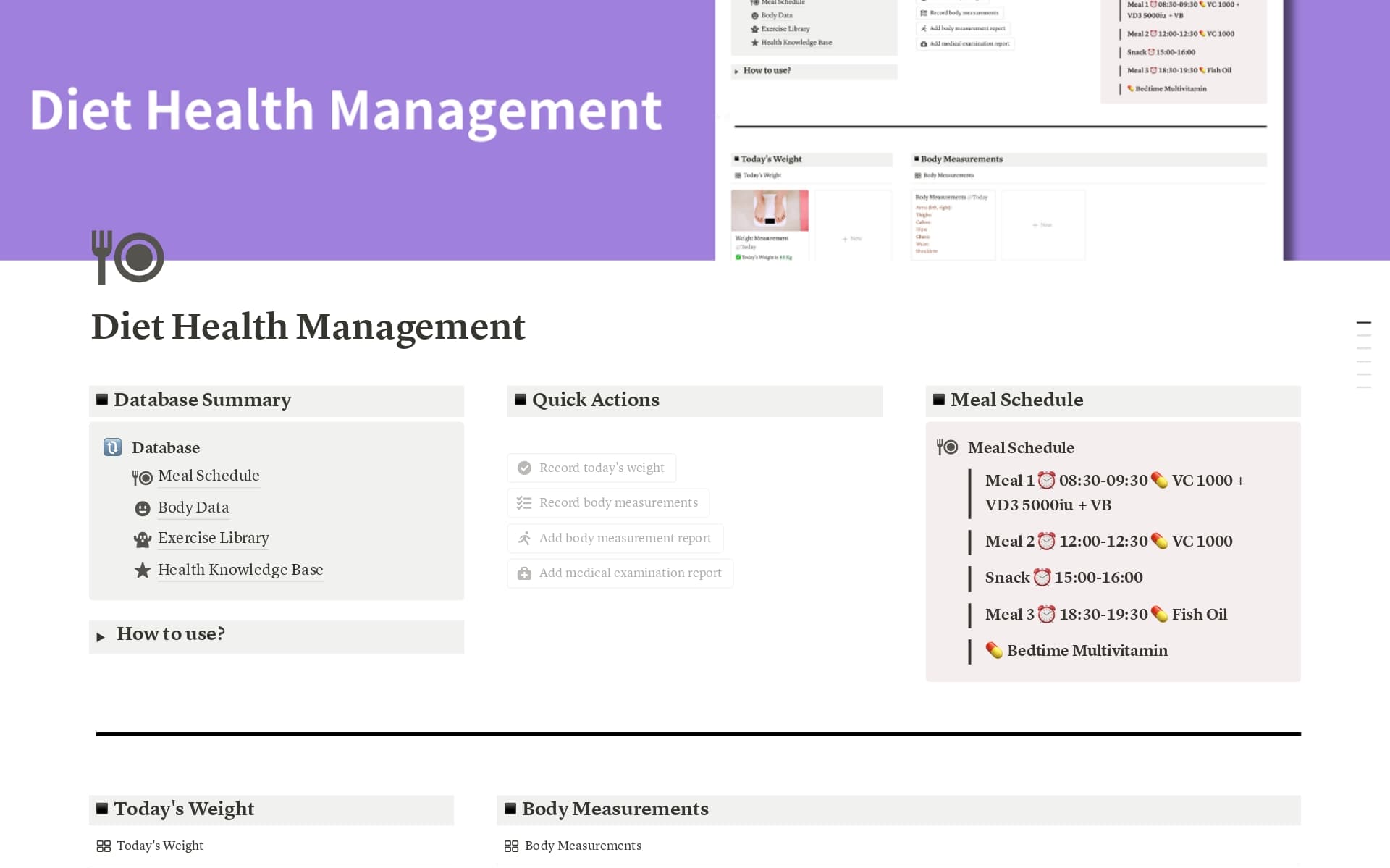 This template is designed to help you comprehensively track and manage your eating habits, body data, and health and fitness goals. By detailed recording and analysis, you will be able to better understand your health status and create suitable health plans.