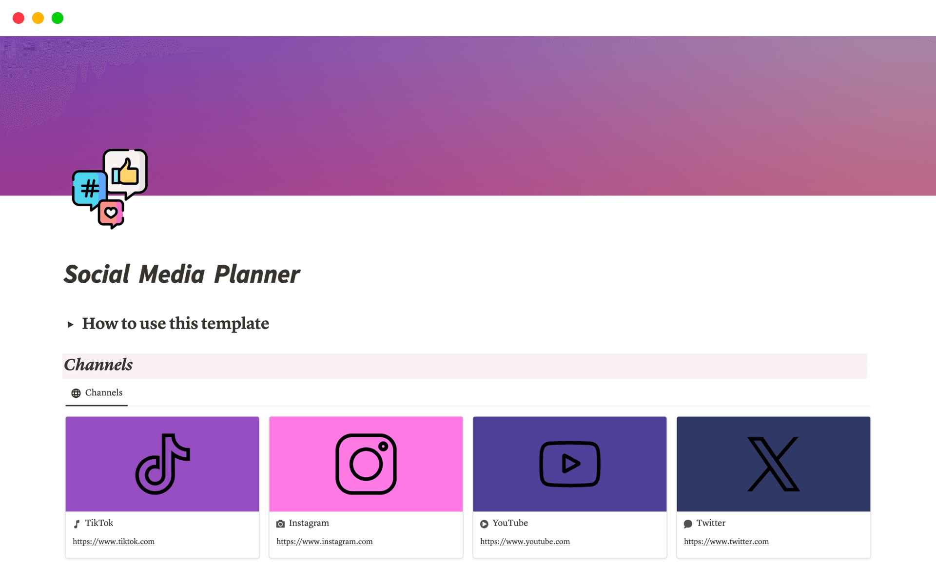 A template preview for Social media planner