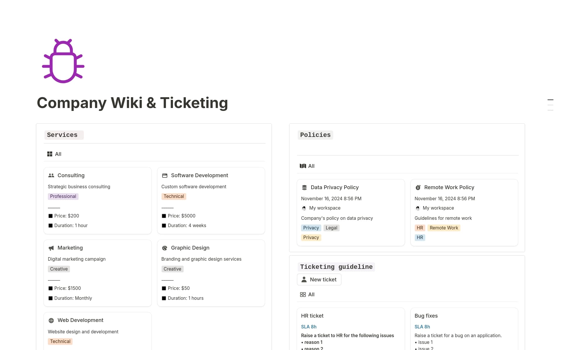 A template preview for Company Wiki & Ticketing