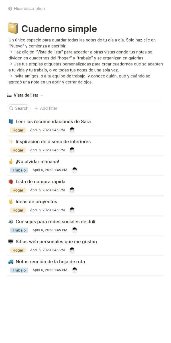 Una captura de pantalla de la aplicación móvil de Notion