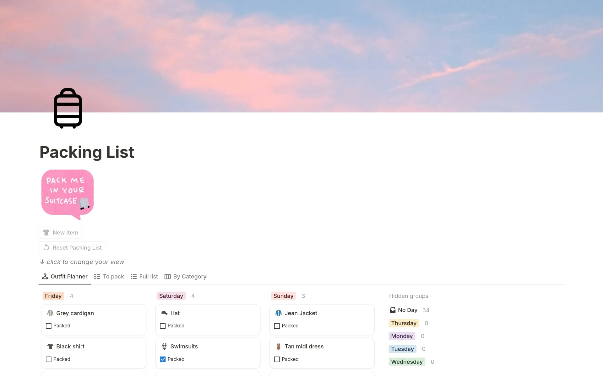 Detailed packing list to have for each trip that has helped me so much! I don’t forget to pack anything now 😊
- Outfit planning
- Organized by category
- Easily check off what you’ve packed
- Easily reset for each trip
