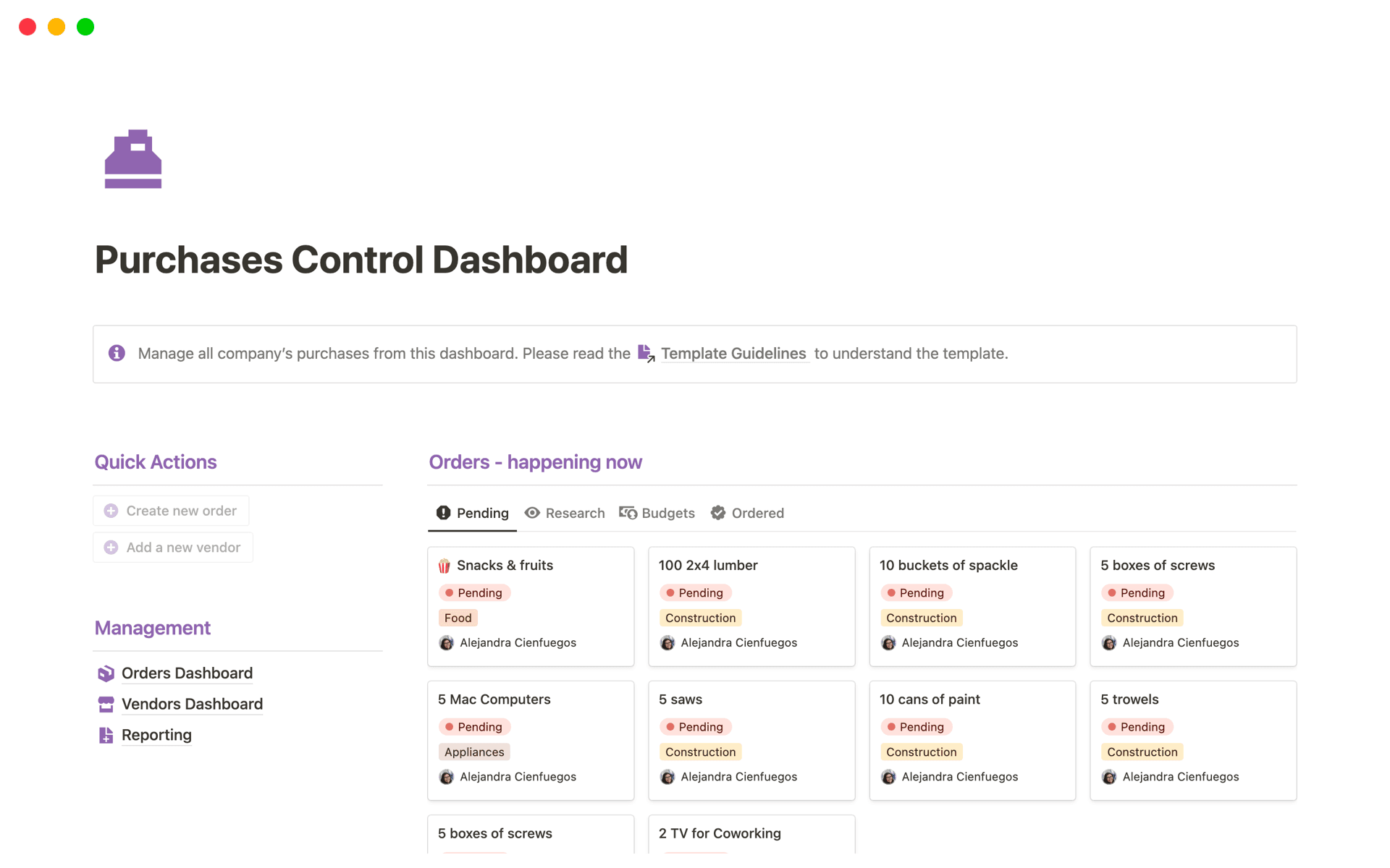 A template preview for Purchase Control