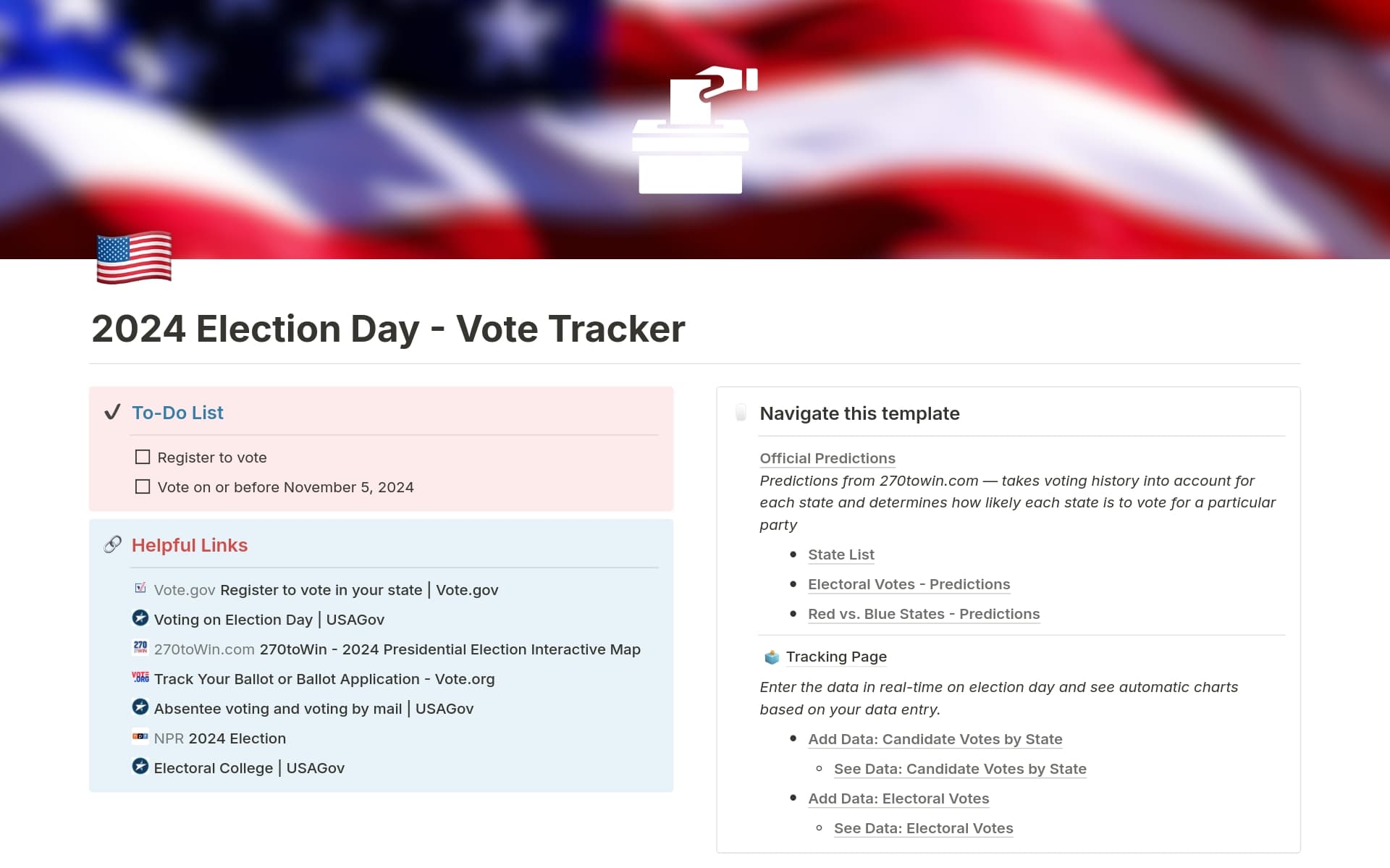 Track 2024 USA election results with this free template. It features predicted electoral college outcomes based on state voting history, live vote tracking, and automatic charts on election day. Update results with a simple click to see real-time electoral vote calculations.