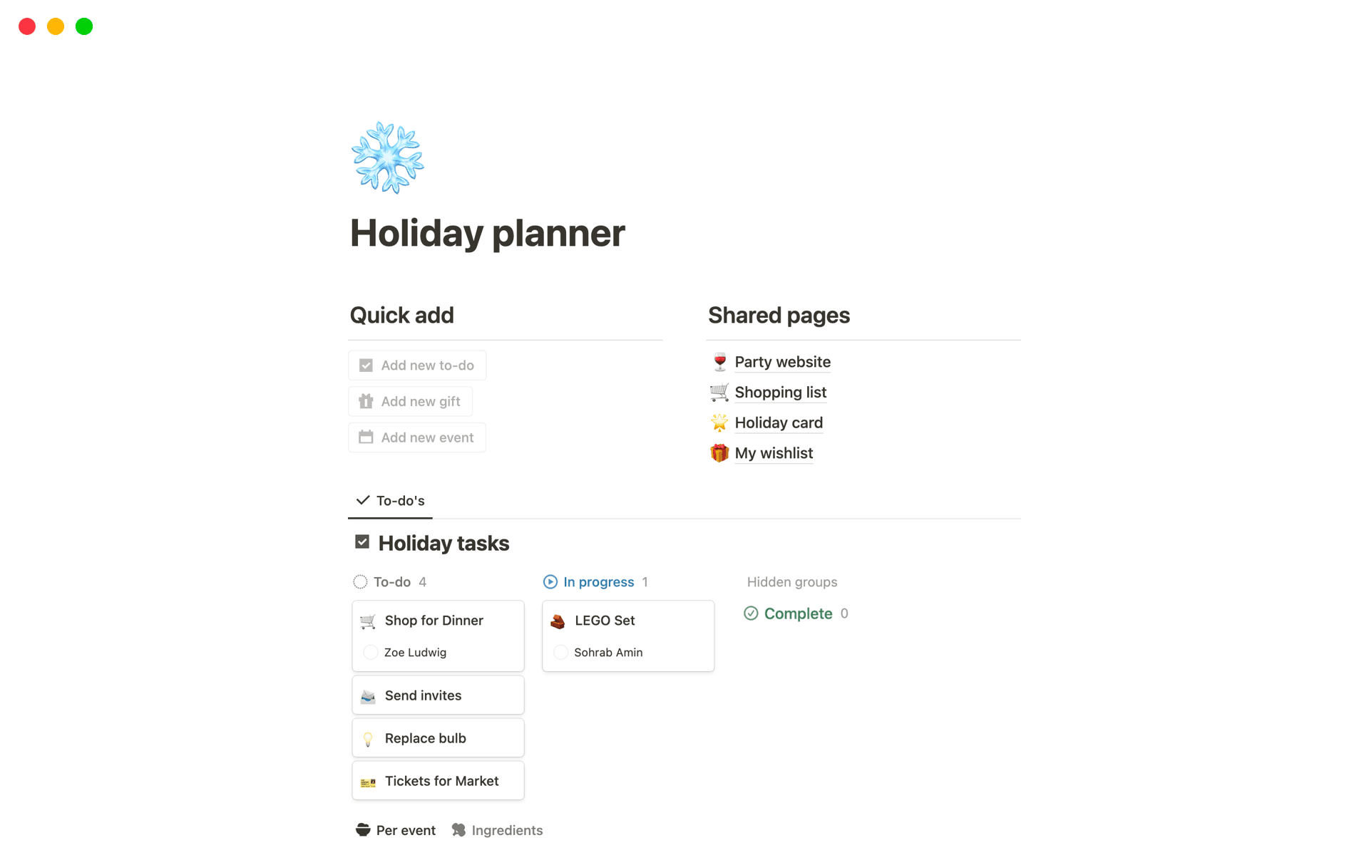 A template preview for Holiday planner