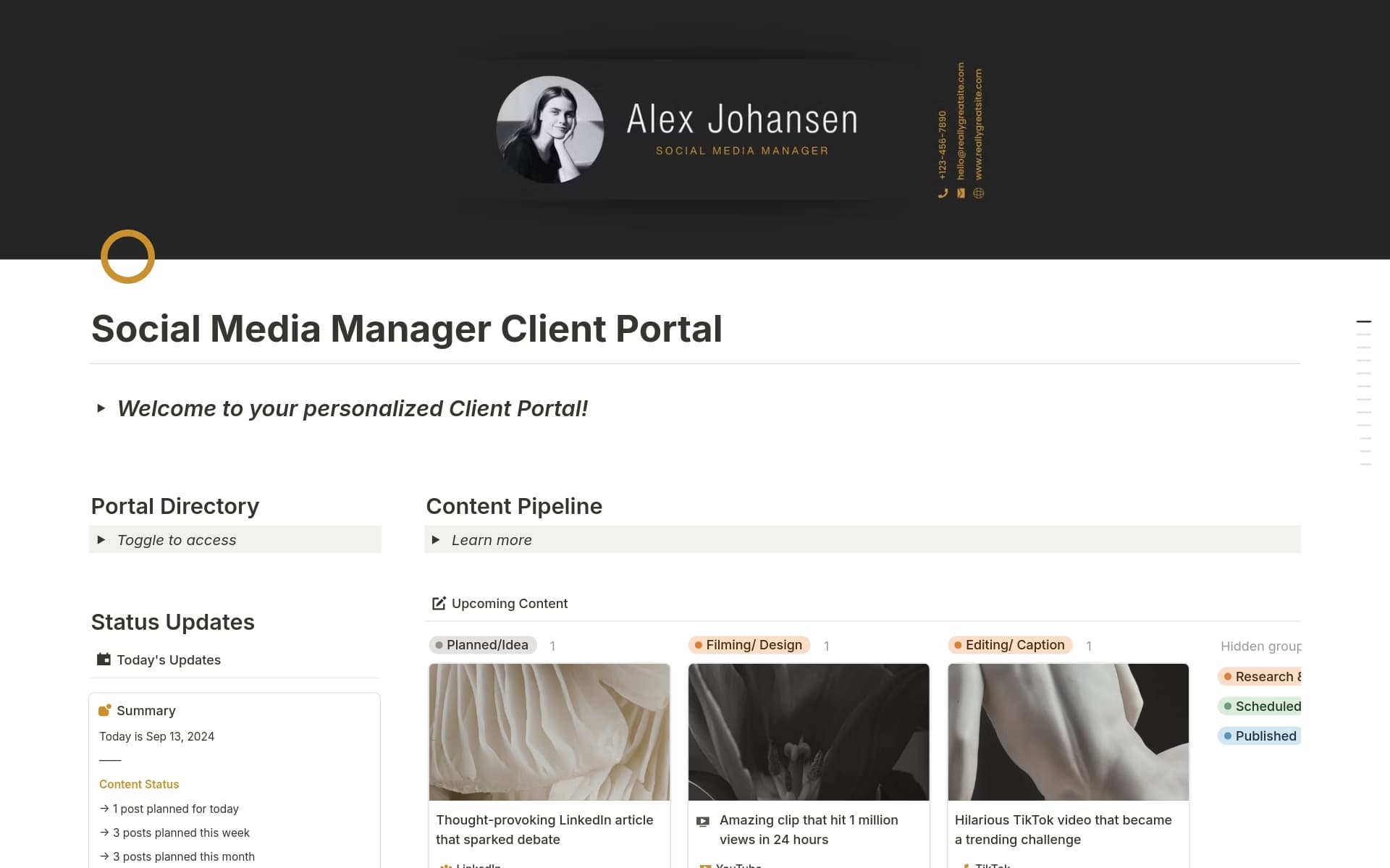 A template preview for Social Media Manager Client Portal
