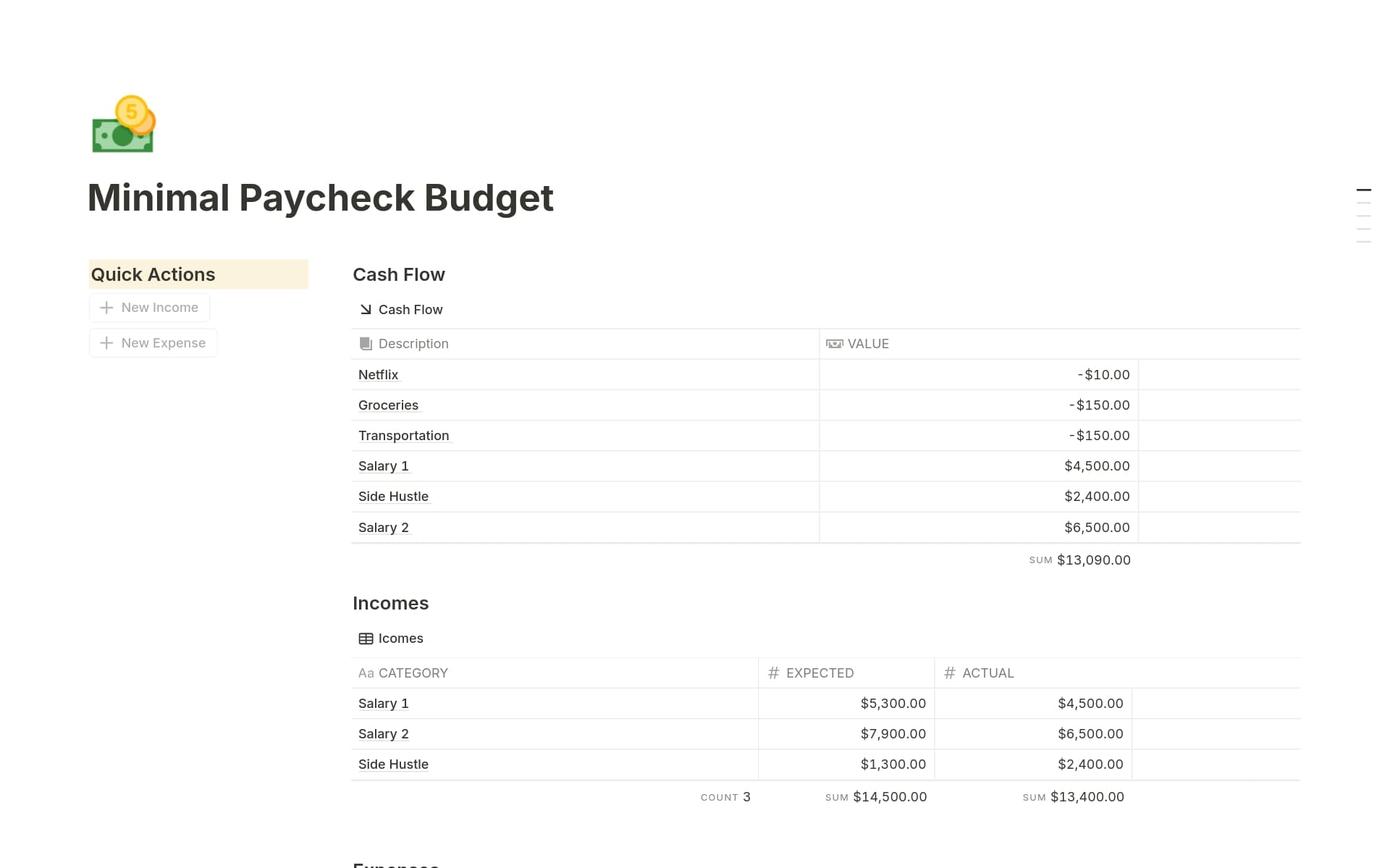 A template preview for Minimal Paycheck Budget