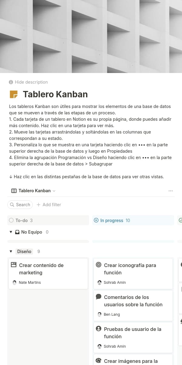 Captura de tela do aplicativo móvel do Notion