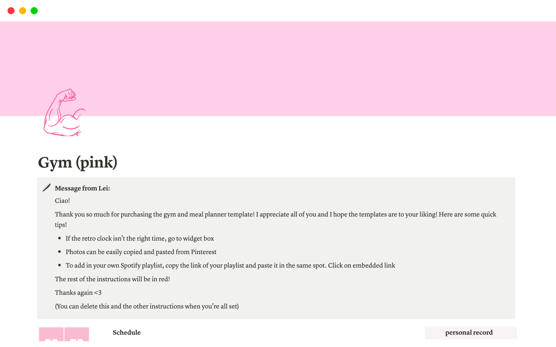 A template preview for Gym and Meal Planner (Pink Version)
