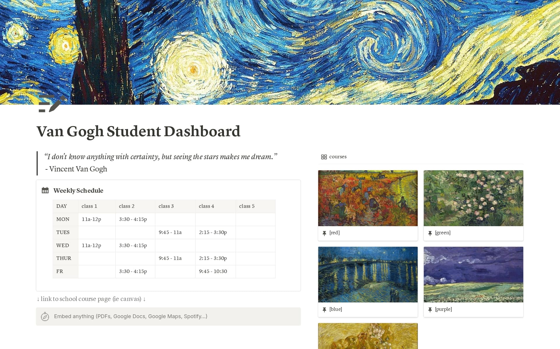 A template preview for Van Gogh Student Dashboard