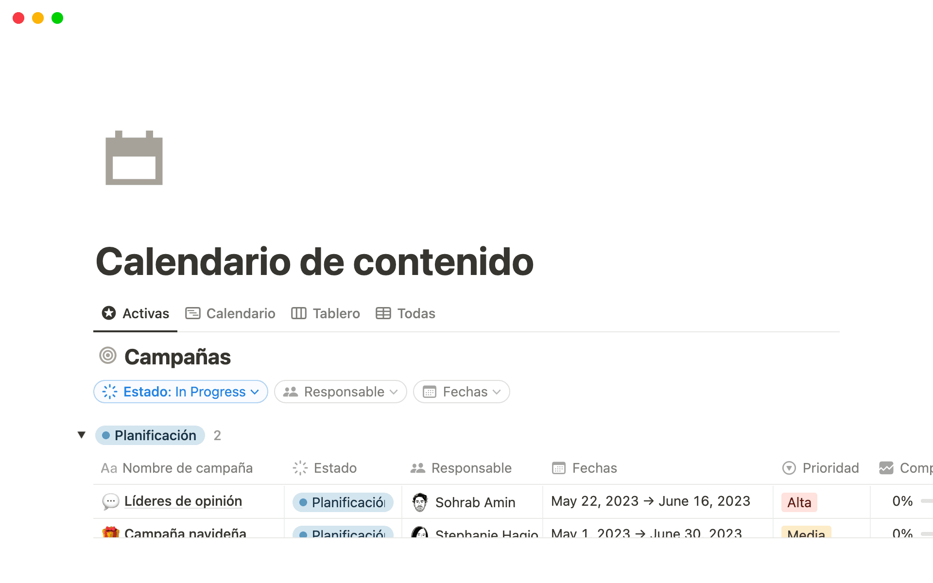 Vista previa de plantilla para Content calendar