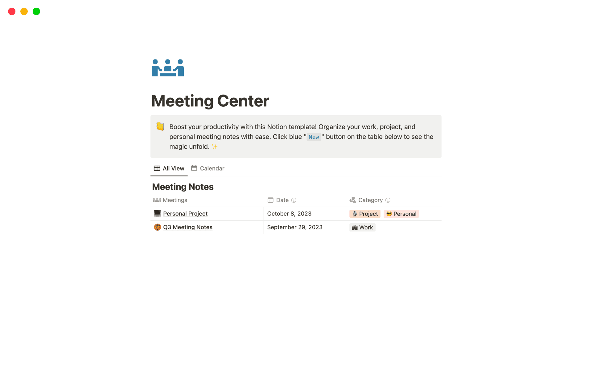 A template preview for Meeting Center