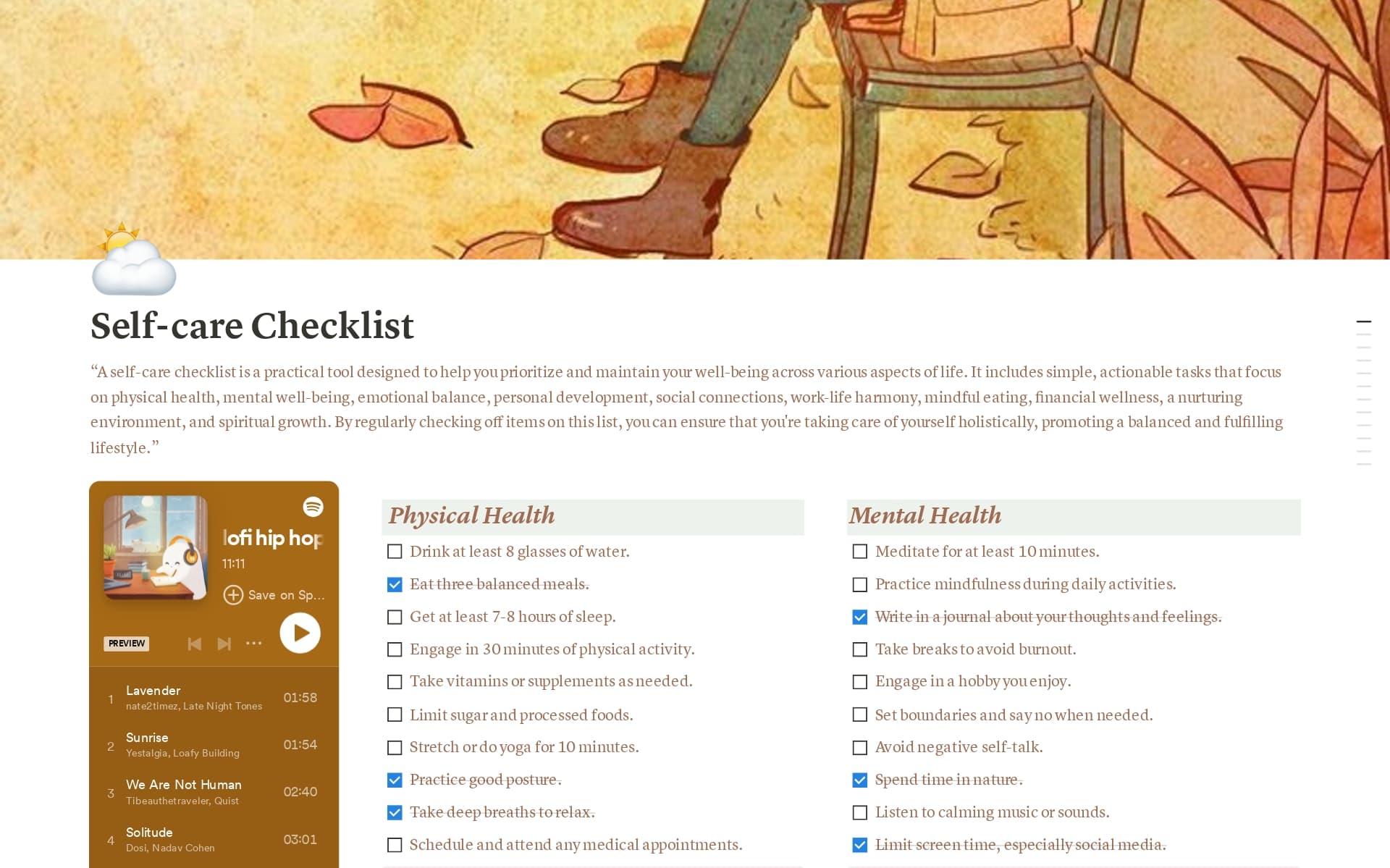 A template preview for Self-care Checklist