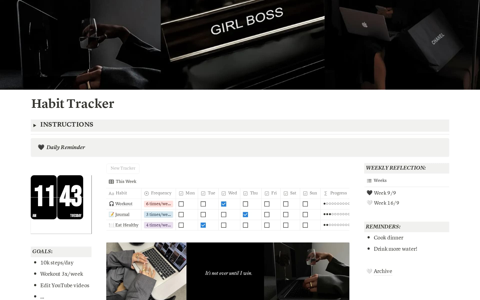 Stay on top of your goals in style with The Boss Girl Aesthetic Habit Tracker! 🌟 Track daily habits, reflect weekly, and set reminders—all in a beautifully designed template. This Habit Tracker is a simple and aesthetic tool for building routines and staying motivated!